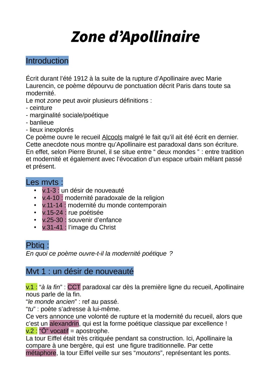 Introduction
Écrit durant l'été 1912 à la suite de la rupture d'Apollinaire avec Marie
Laurencin, ce poème dépourvu de ponctuation décrit Pa