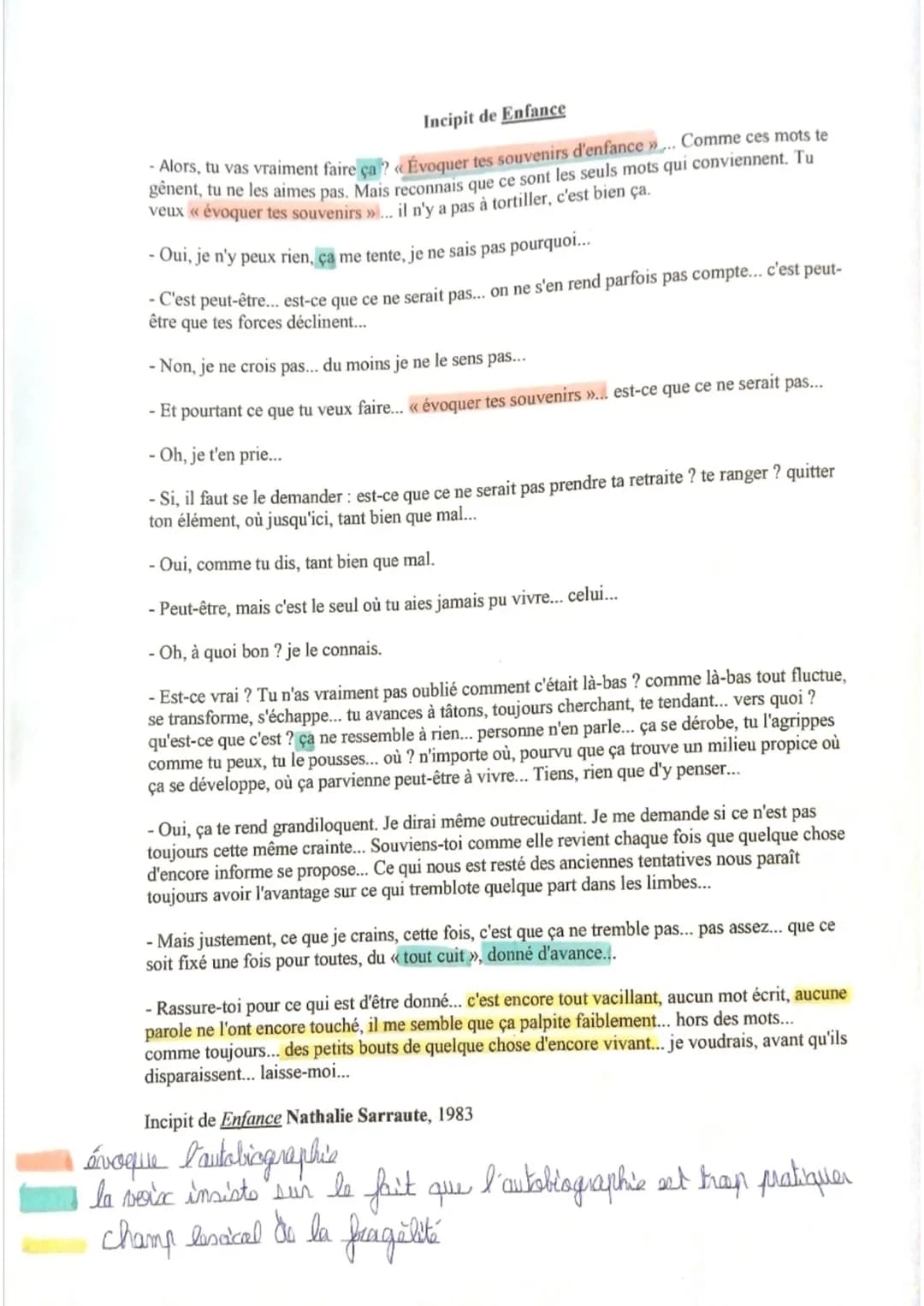 Incipit de Enfance
-Alors, tu vas vraiment faire ça ? « Évoquer tes souvenirs d'enfance »... Comme ces mots te
gênent, tu ne les aimes pas. 