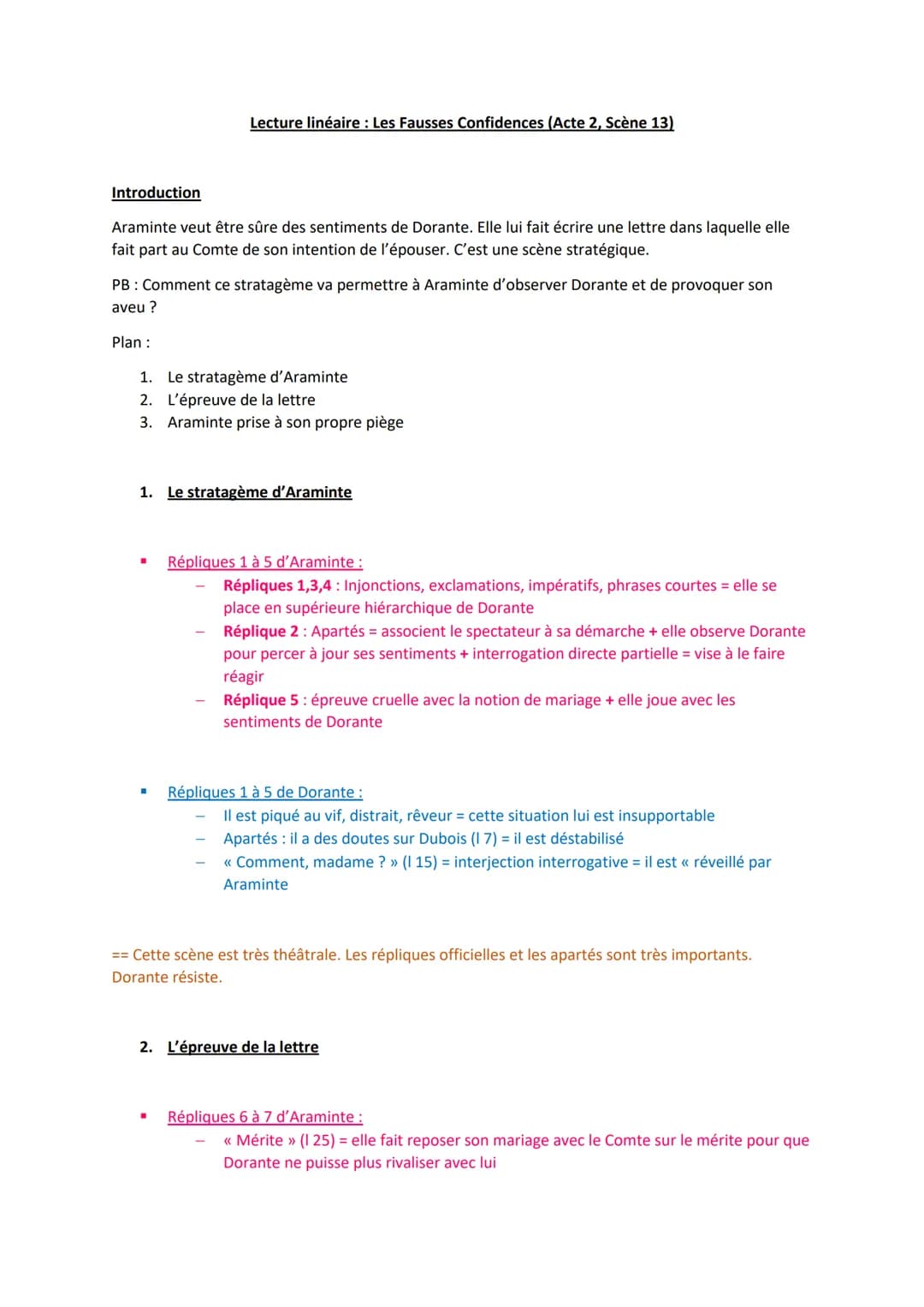 Introduction
Lecture linéaire : Les Fausses Confidences (Acte 2, Scène 13)
Araminte veut être sûre des sentiments de Dorante. Elle lui fait 