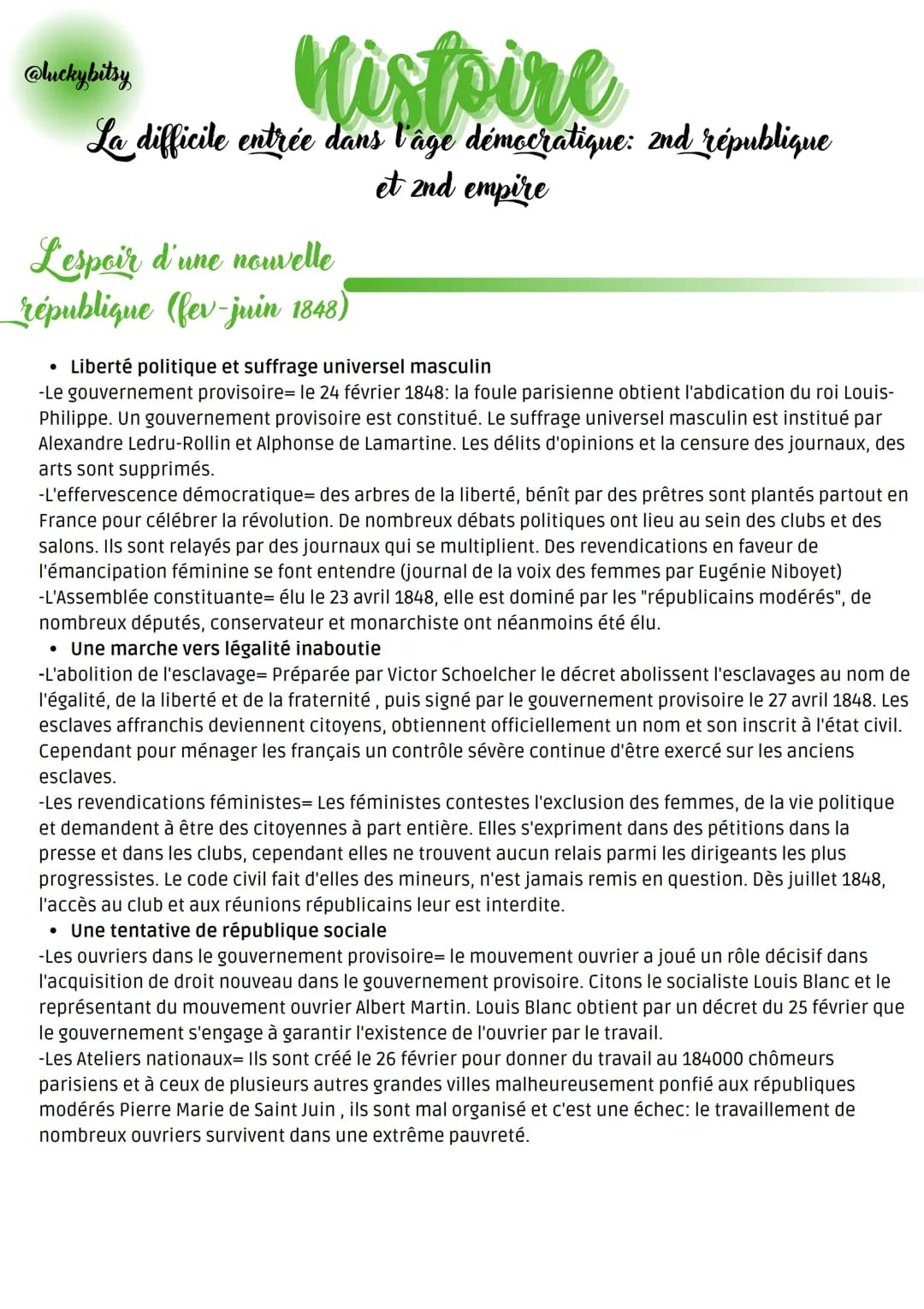 @luckybitsy
La difficile entrée dans l'âge démocratique: 2nd république
et 2nd empire
Lespoir d'une nouvelle
république (fev-juin 1848)
• Li