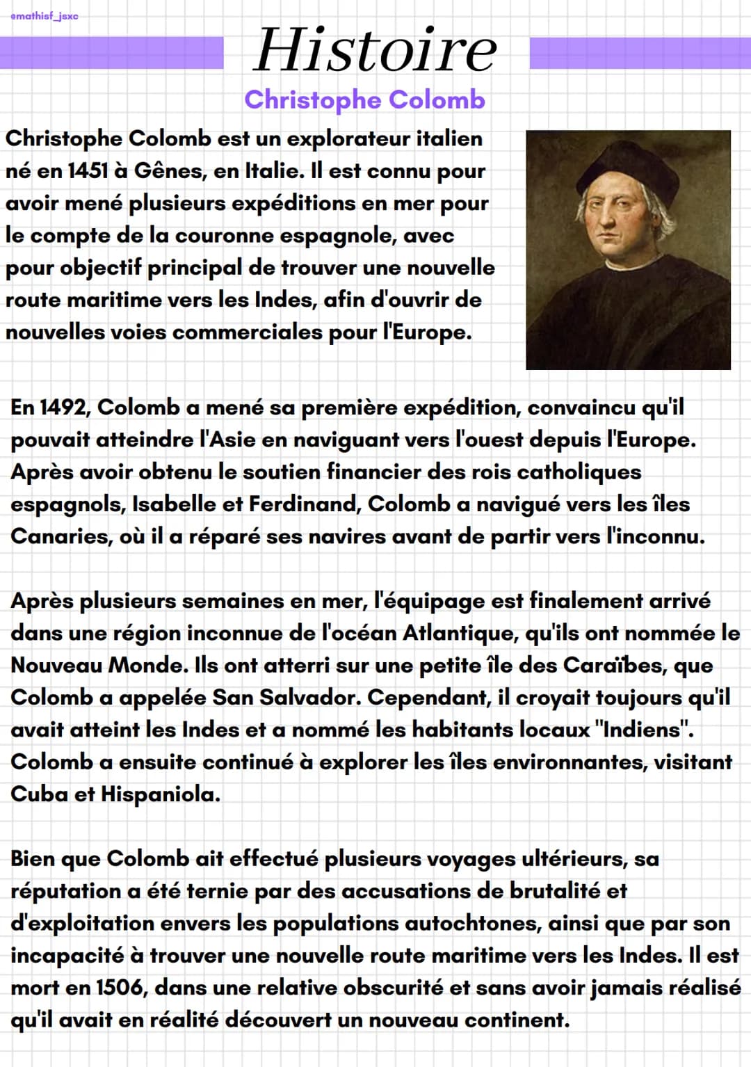 emathisf_jsxc
Histoire
Christophe Colomb
Christophe Colomb est un explorateur italien
né en 1451 à Gênes, en Italie. Il est connu pour
avoir