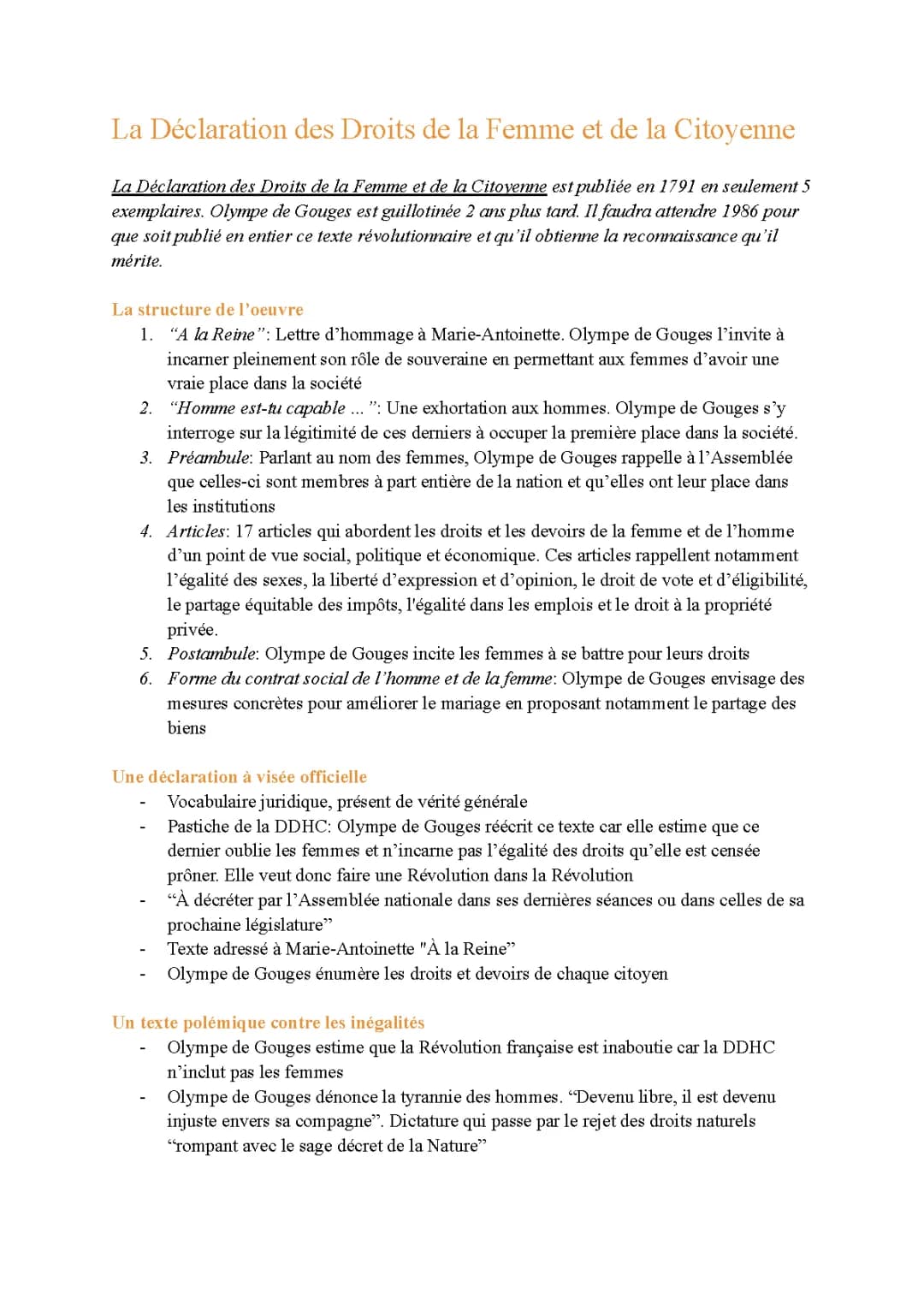 Dissertation Olympe de Gouges corrigé PDF: Tout savoir sur La Déclaration des Droits de la Femme et de la Citoyenne (DDFC)