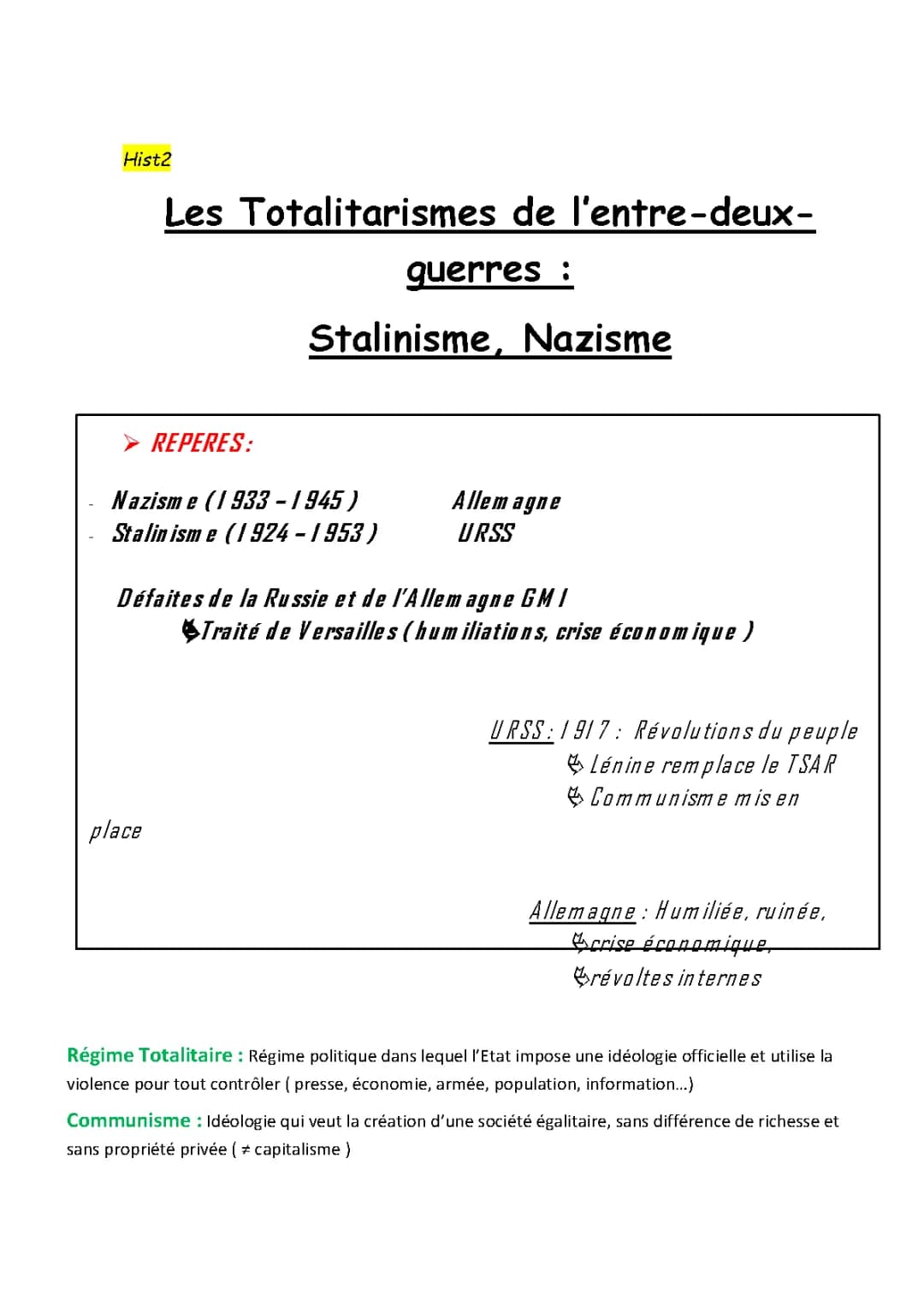 Histoire : Totalitarisme et entre deux guerres 