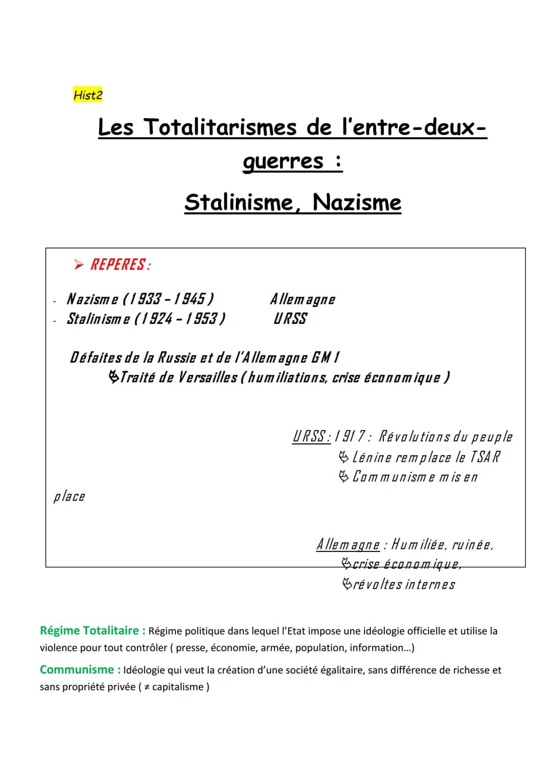 Hist2
Les Totalitarismes de l'entre-deux-
guerres :
Stalinisme, Nazisme
REPERES:
Nazisme (1933-1945)
Stalinisme (1924-1953)
place
Allemagne
