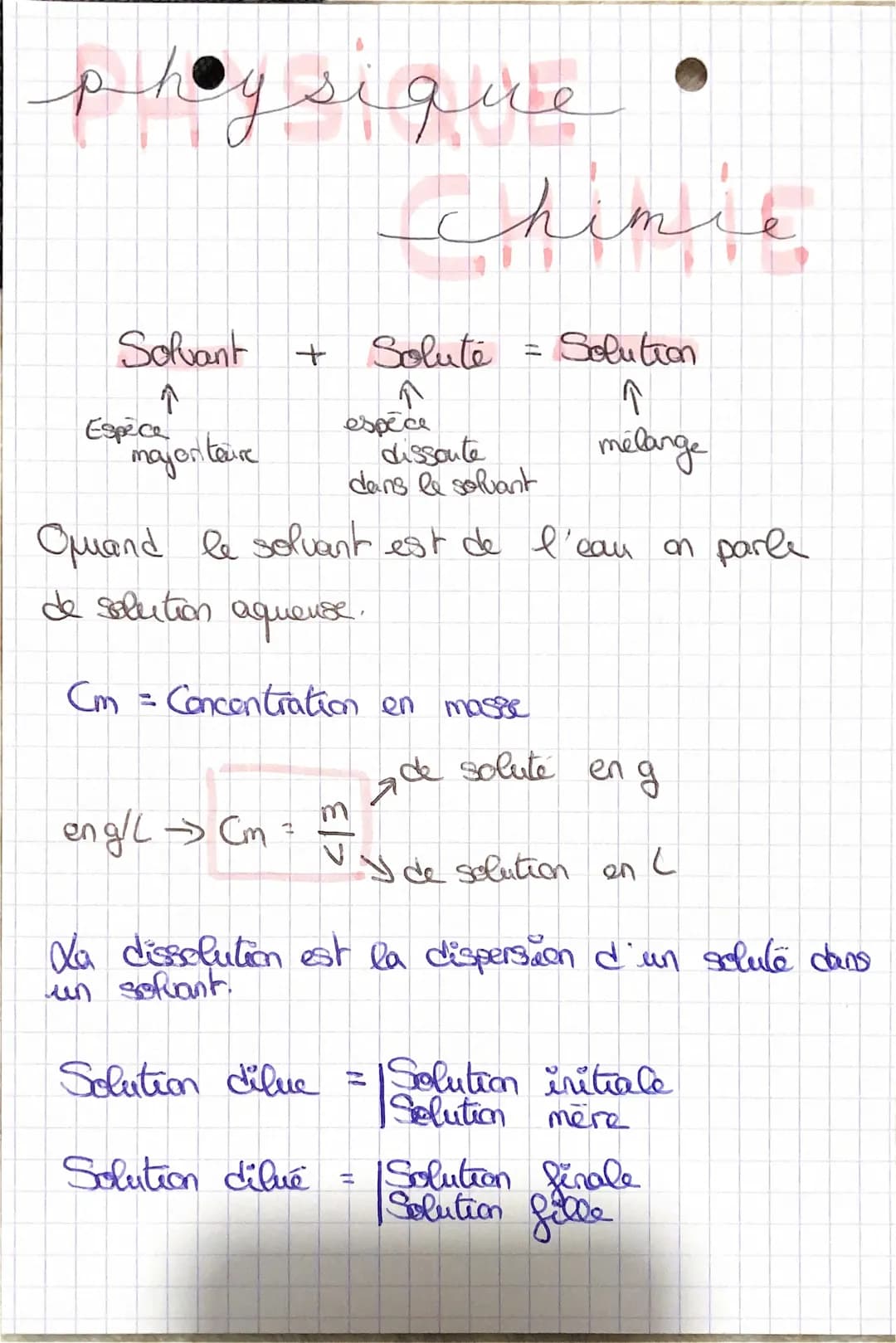 phoy sigue
chimie
Solvant
↑
major toure
Espèce
+
en g/L → Cm =
dissoute
dans le solvant
Quand le solvant est de l'eau on parle
de solution a