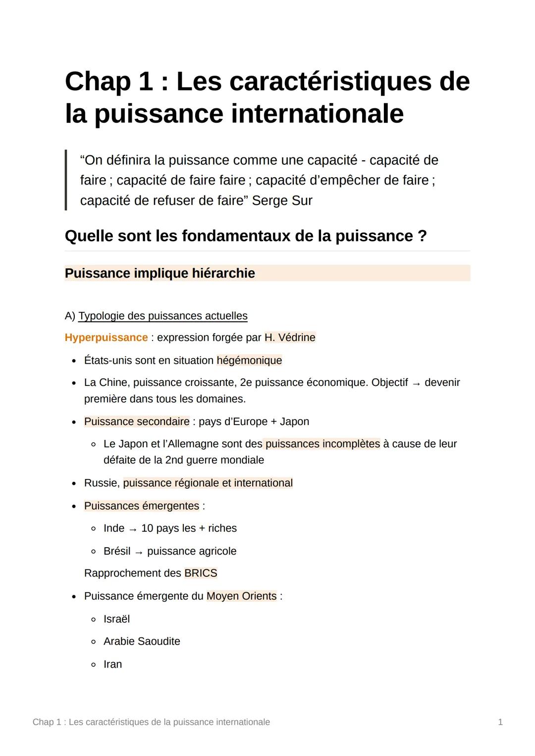 # Chap 1: Les caractéristiques de
la puissance internationale

"On définira la puissance comme une capacité - capacité de
faire; capacité de