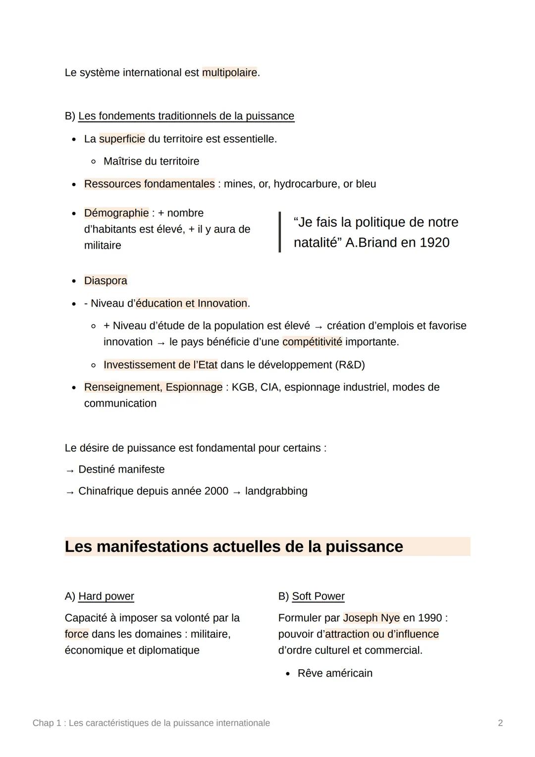 # Chap 1: Les caractéristiques de
la puissance internationale

"On définira la puissance comme une capacité - capacité de
faire; capacité de