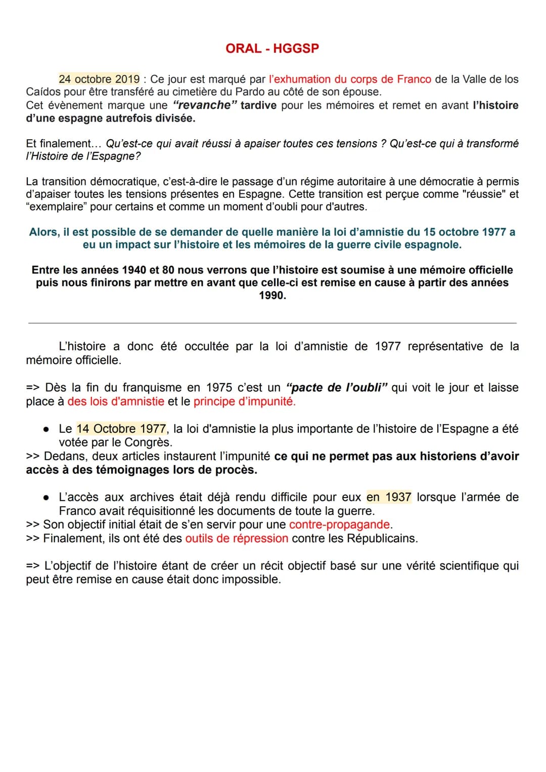 ORAL-HGGSP
24 octobre 2019: Ce jour est marqué par l'exhumation du corps de Franco de la Valle de los
Caídos pour être transféré au cimetièr