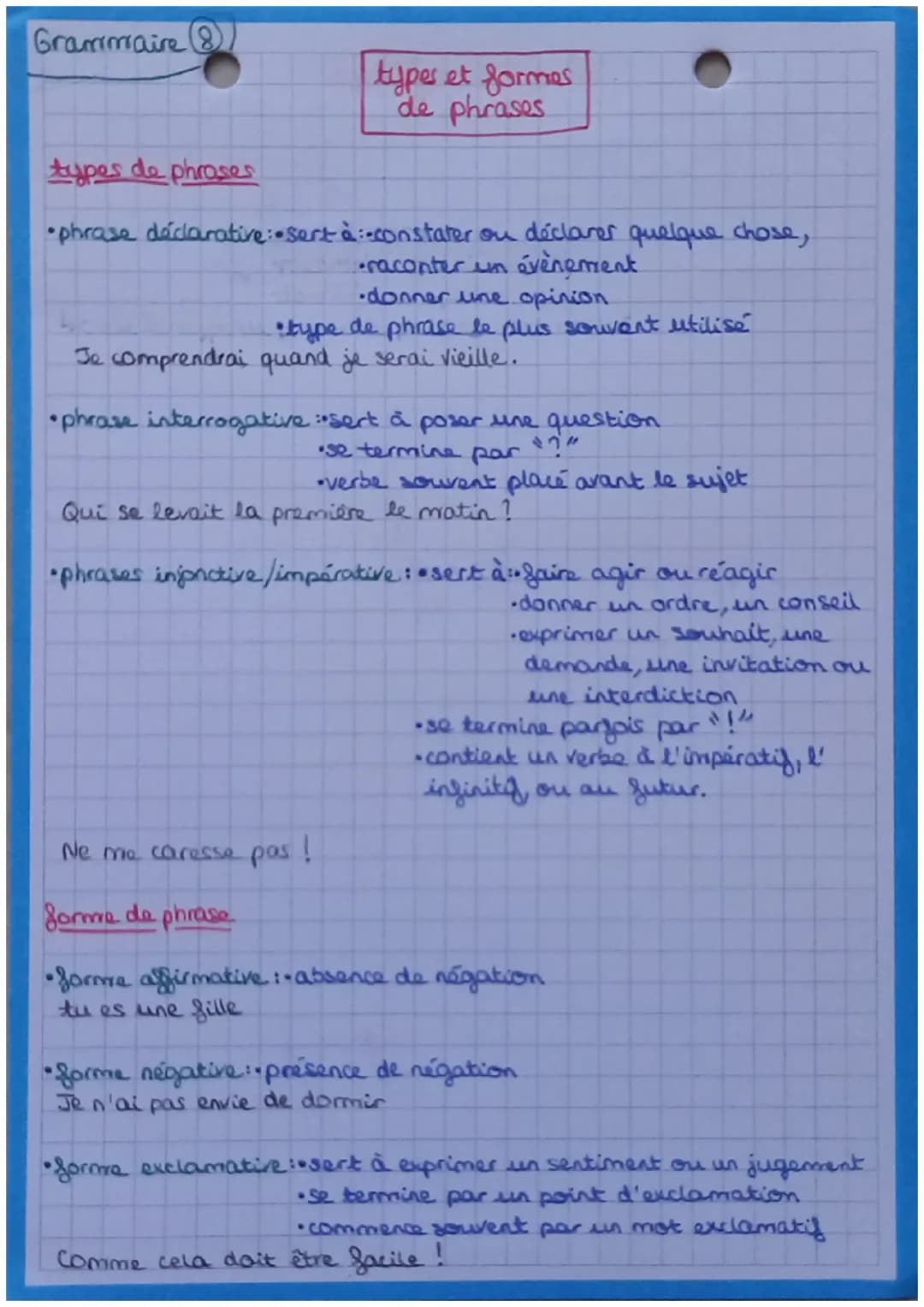 Grammaire
types et formes
de phrases
types de phrases
•phrase déclarative: • Sert à constater on déclarer quelque chose,
•raconter un évenem
