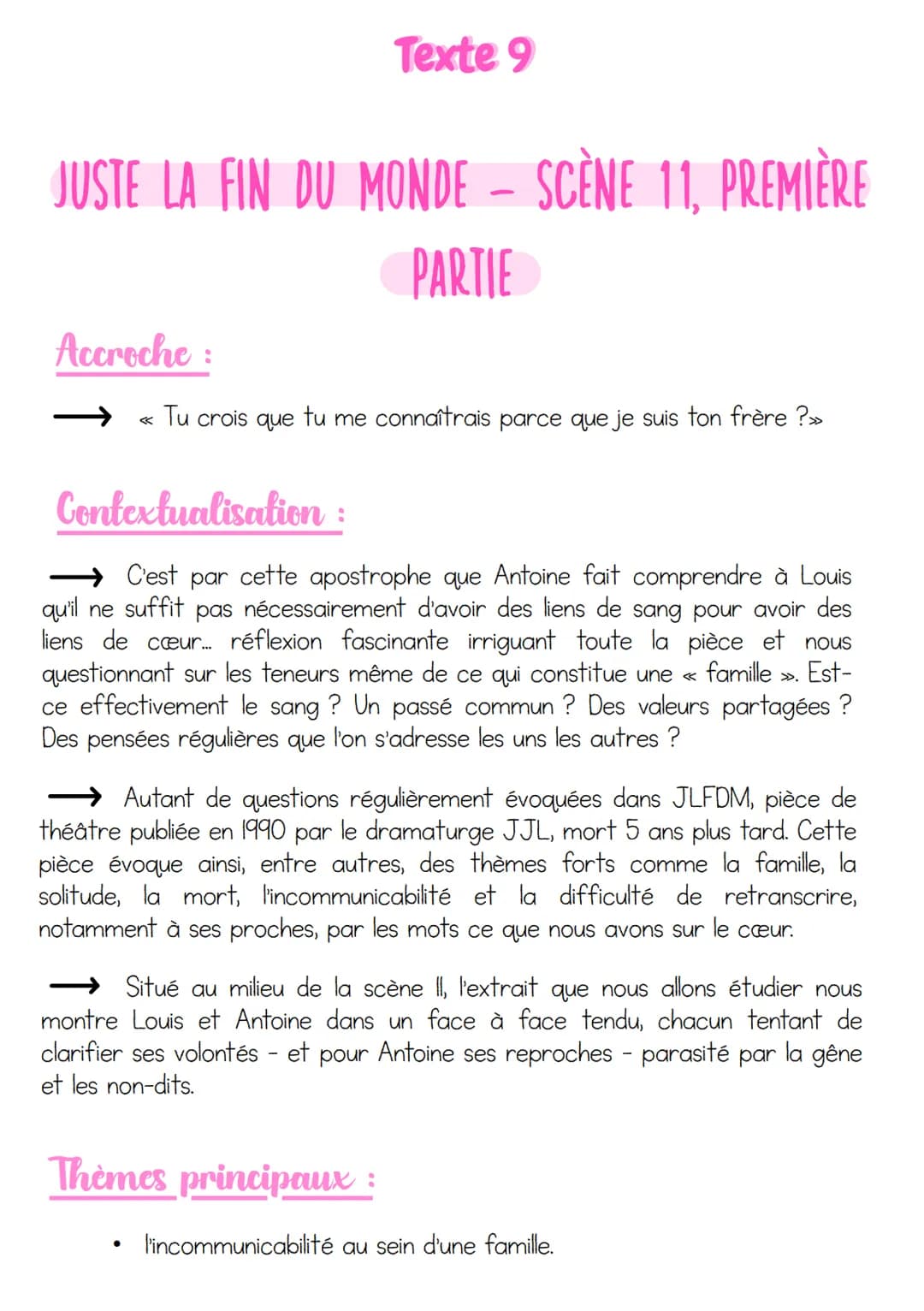 JUSTE LA FIN DU MONDE - SCÈNE 11, PREMIÈRE
PARTIE
Accroche
:
Texte 9
Tu crois que tu me connaîtrais parce que je suis ton frère ?»
Contextua