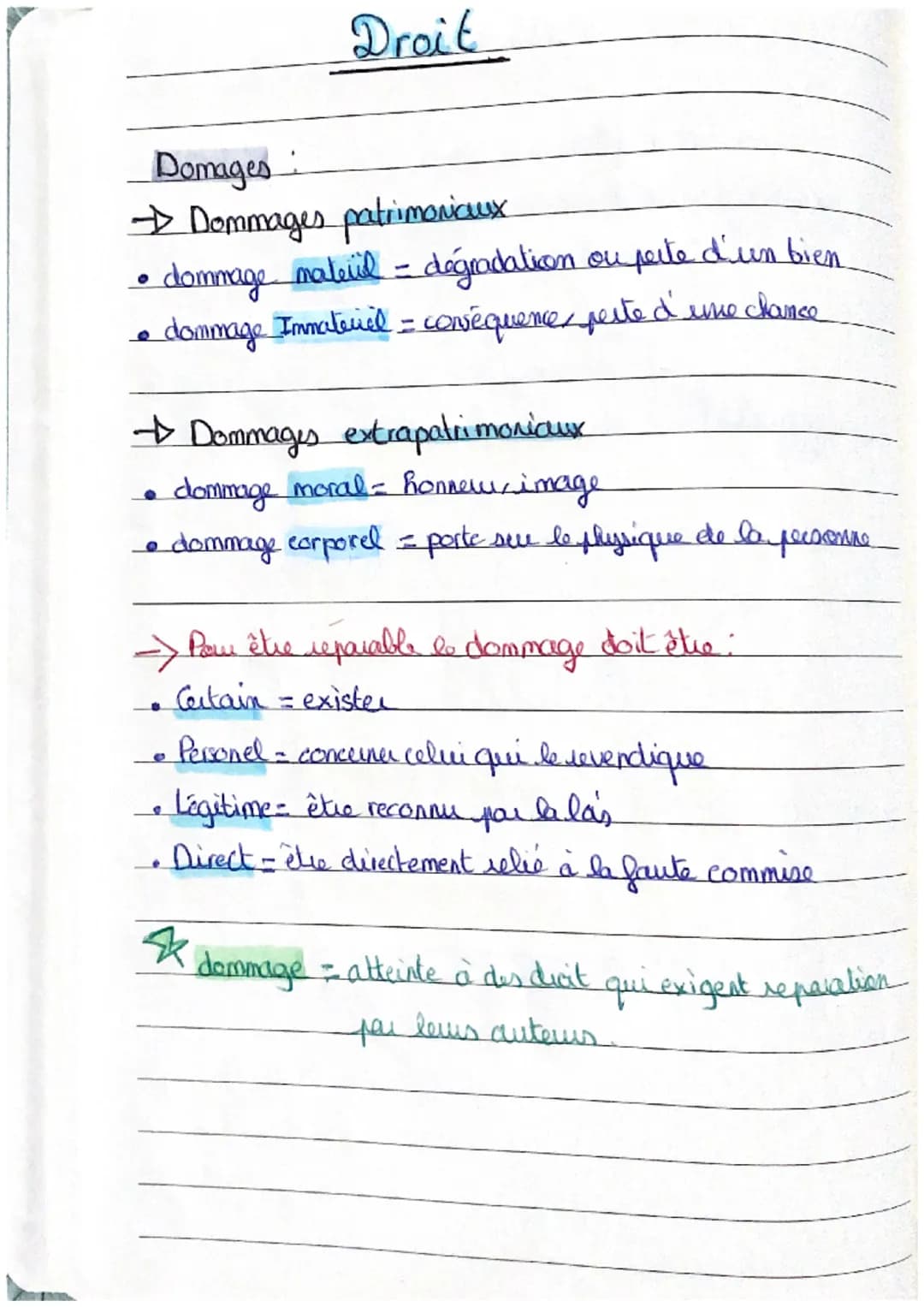 Droit
Domages:
→ Dommages patrimoniaux
• dommage materil - dégradation ou perte d'un bien
мне
• dommage Immateriel = conséquence perte d'une