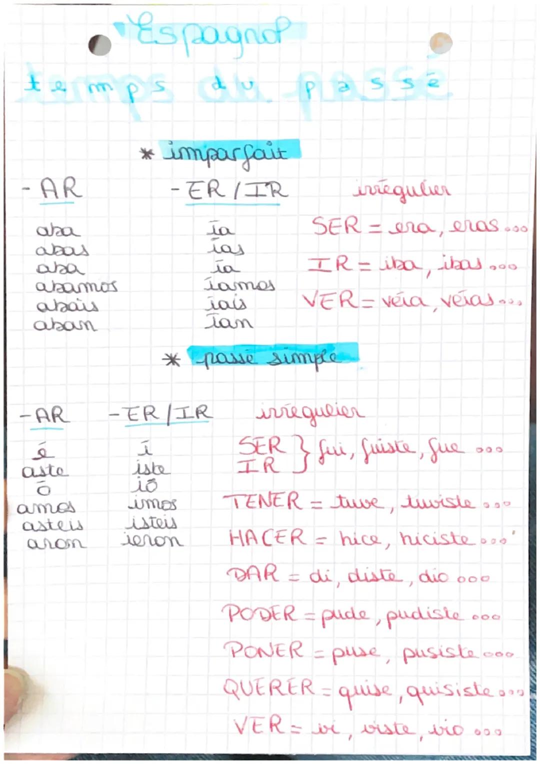 Espagnol
emps du Pas-
te
- AR
aba
abas
aba
abamos
abais
aban
-AR
é
asto
ō
amos
asteis
arom
* imparfait
-ER/IR
هذ
مد
حمد
-ER/IR
i
iste
imos
i