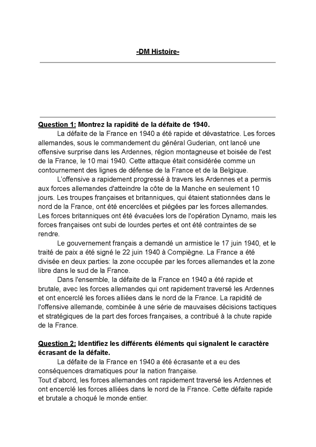 DM Histoire- Seconde Guerre mondiale: Juin 1940 en France