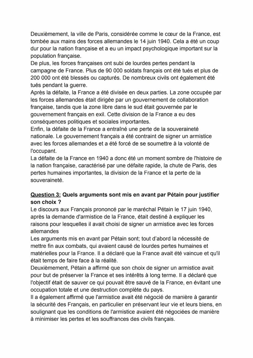 -DM Histoire-
Question 1: Montrez la rapidité de la défaite de 1940.
La défaite de la France en 1940 a été rapide et dévastatrice. Les force