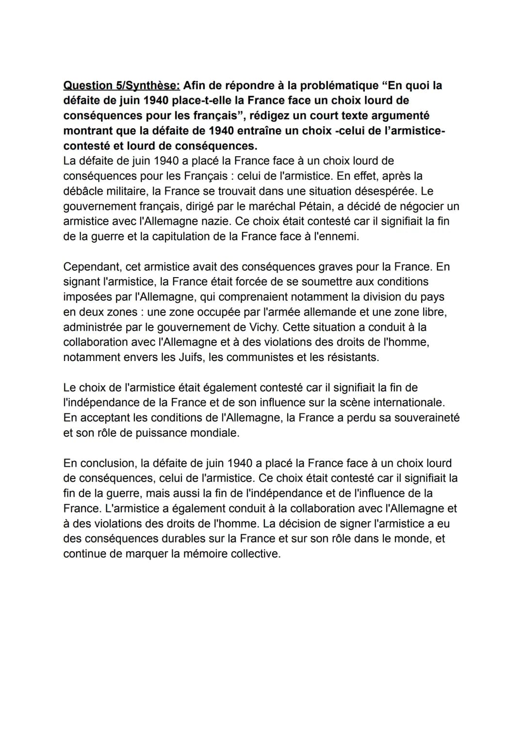 -DM Histoire-
Question 1: Montrez la rapidité de la défaite de 1940.
La défaite de la France en 1940 a été rapide et dévastatrice. Les force