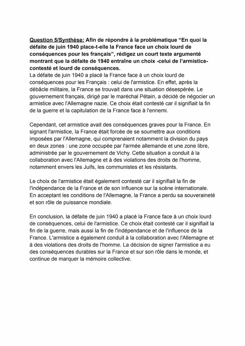 -DM Histoire-
Question 1: Montrez la rapidité de la défaite de 1940.
La défaite de la France en 1940 a été rapide et dévastatrice. Les force