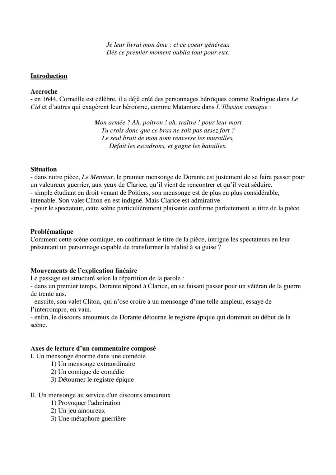 --- OCR Start ---
Extrait étudié
Corneille, Le Menteur, 1644
Acte I scène 3 → Explication linéaire
CLARICE.
Quoi! Vous avez donc vu l'Allema