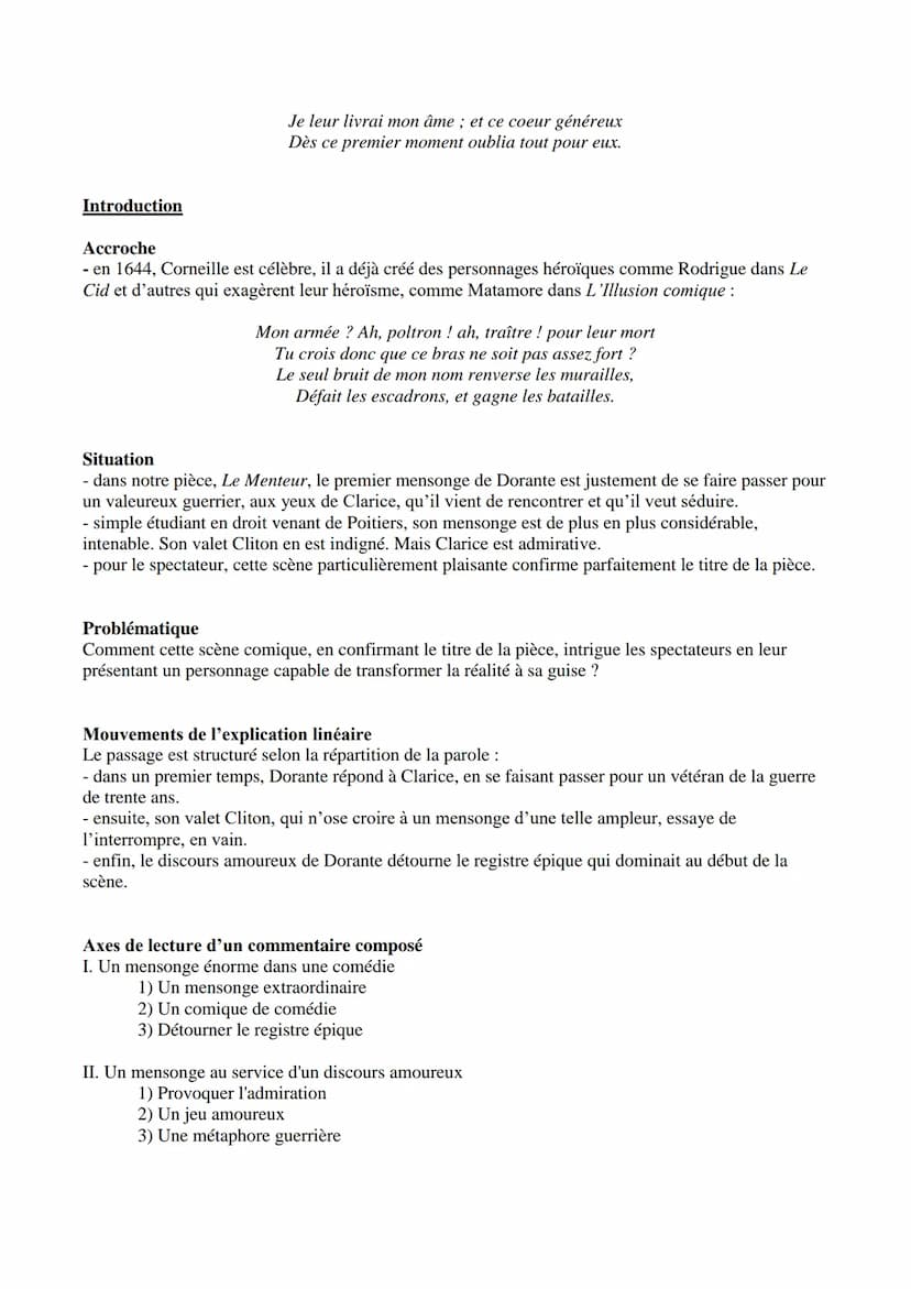 --- OCR Start ---
Extrait étudié
Corneille, Le Menteur, 1644
Acte I scène 3 → Explication linéaire
CLARICE.
Quoi! Vous avez donc vu l'Allema