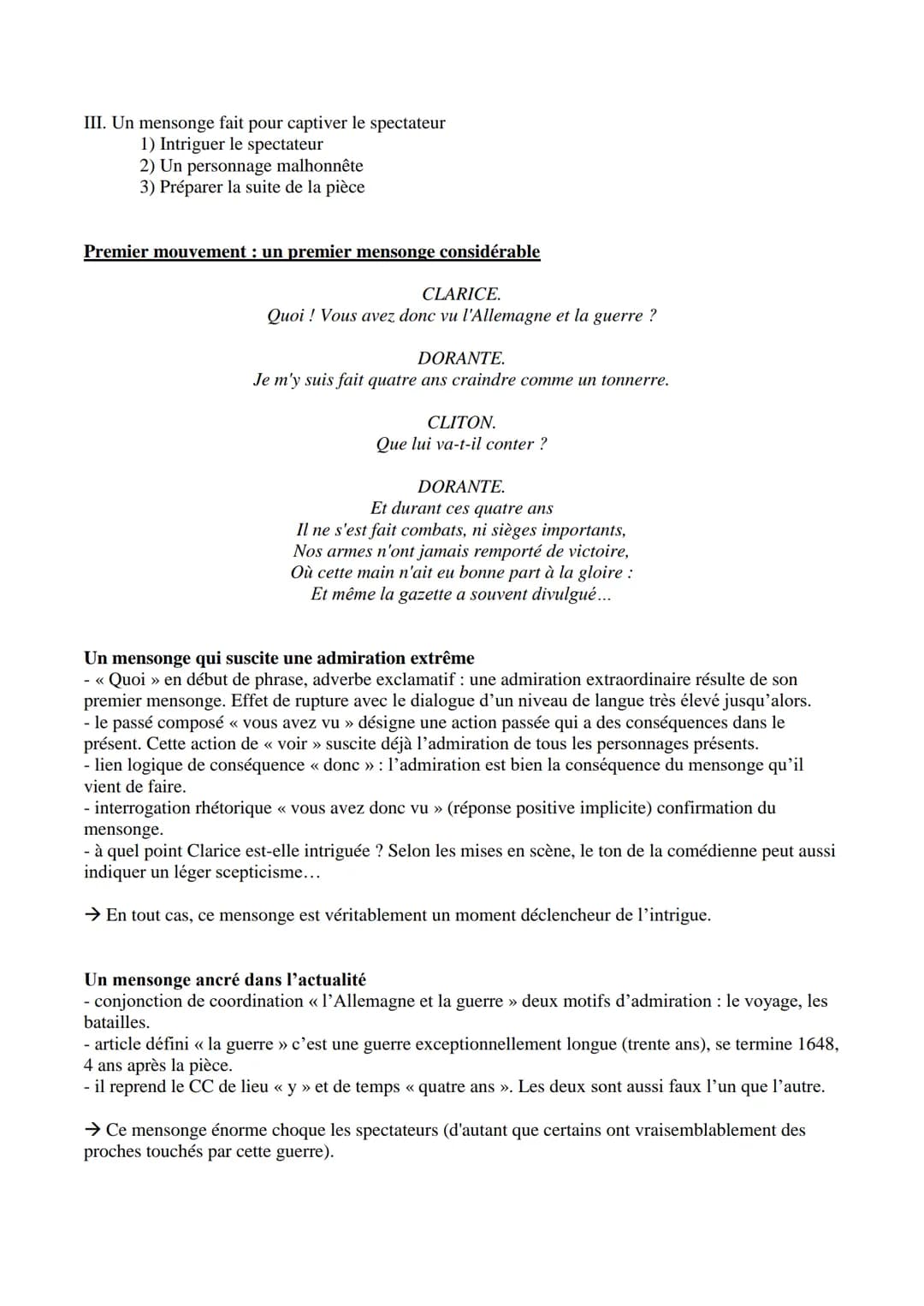 --- OCR Start ---
Extrait étudié
Corneille, Le Menteur, 1644
Acte I scène 3 → Explication linéaire
CLARICE.
Quoi! Vous avez donc vu l'Allema