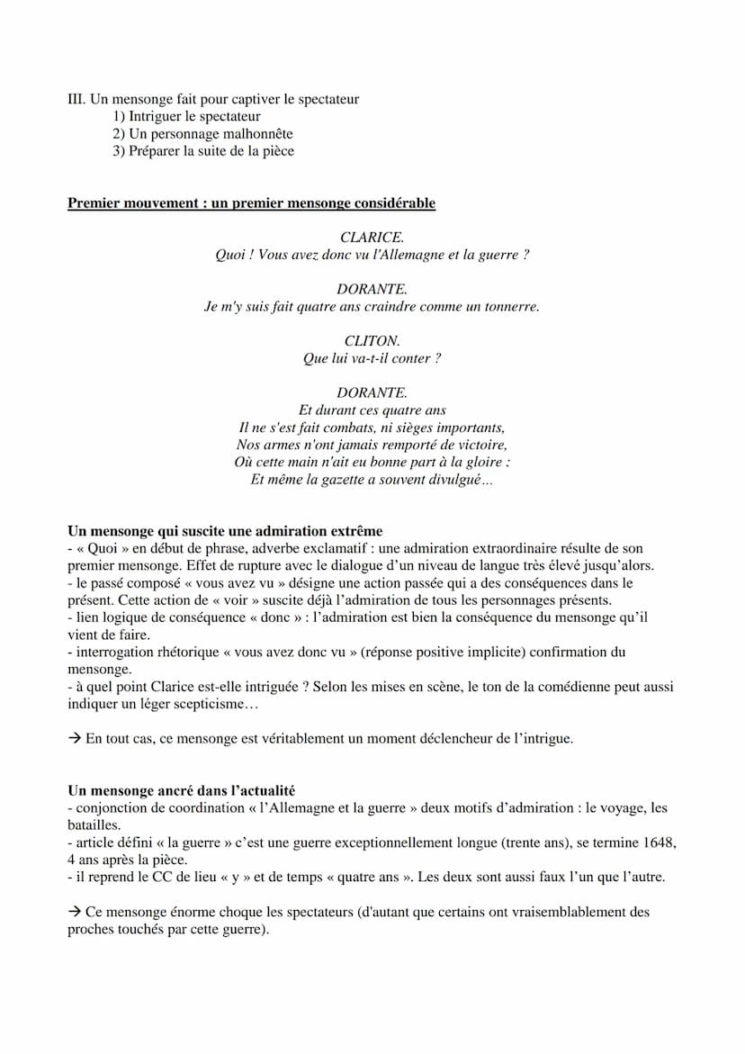 --- OCR Start ---
Extrait étudié
Corneille, Le Menteur, 1644
Acte I scène 3 → Explication linéaire
CLARICE.
Quoi! Vous avez donc vu l'Allema