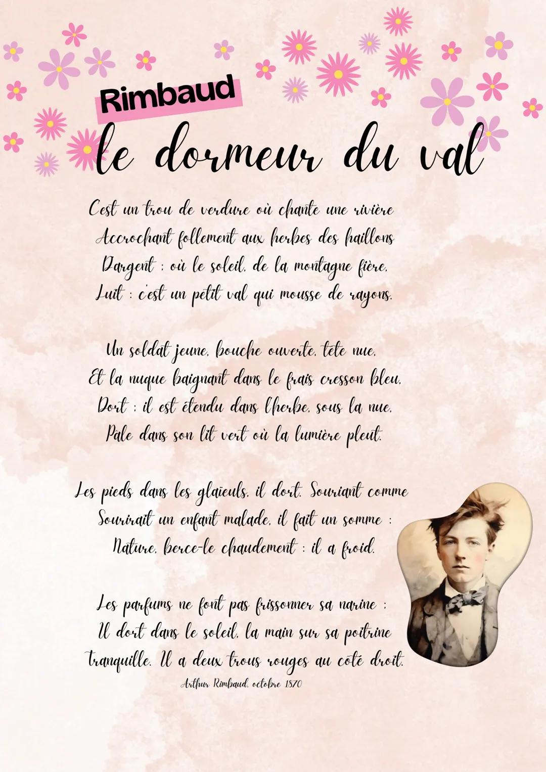 # rimbaud

# le dormeur du val

Titre: le dormeur du val auteur: Arthur rimbaud

1: Une nature
idyllique

II: L'apparition
du dormeur

III: 