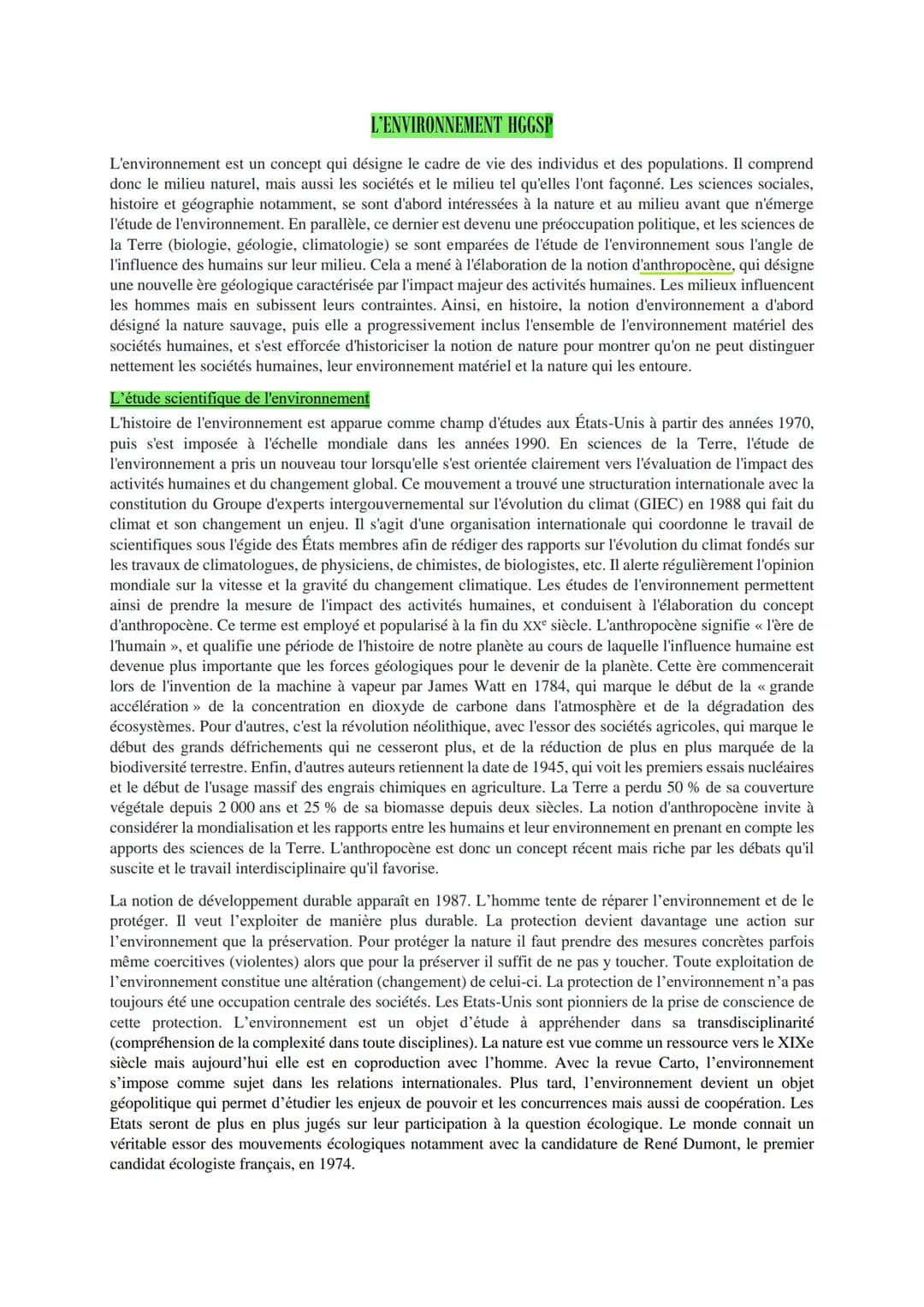 L'ENVIRONNEMENT HGGSP
L'environnement est un concept qui désigne le cadre de vie des individus et des populations. Il comprend
donc le milie