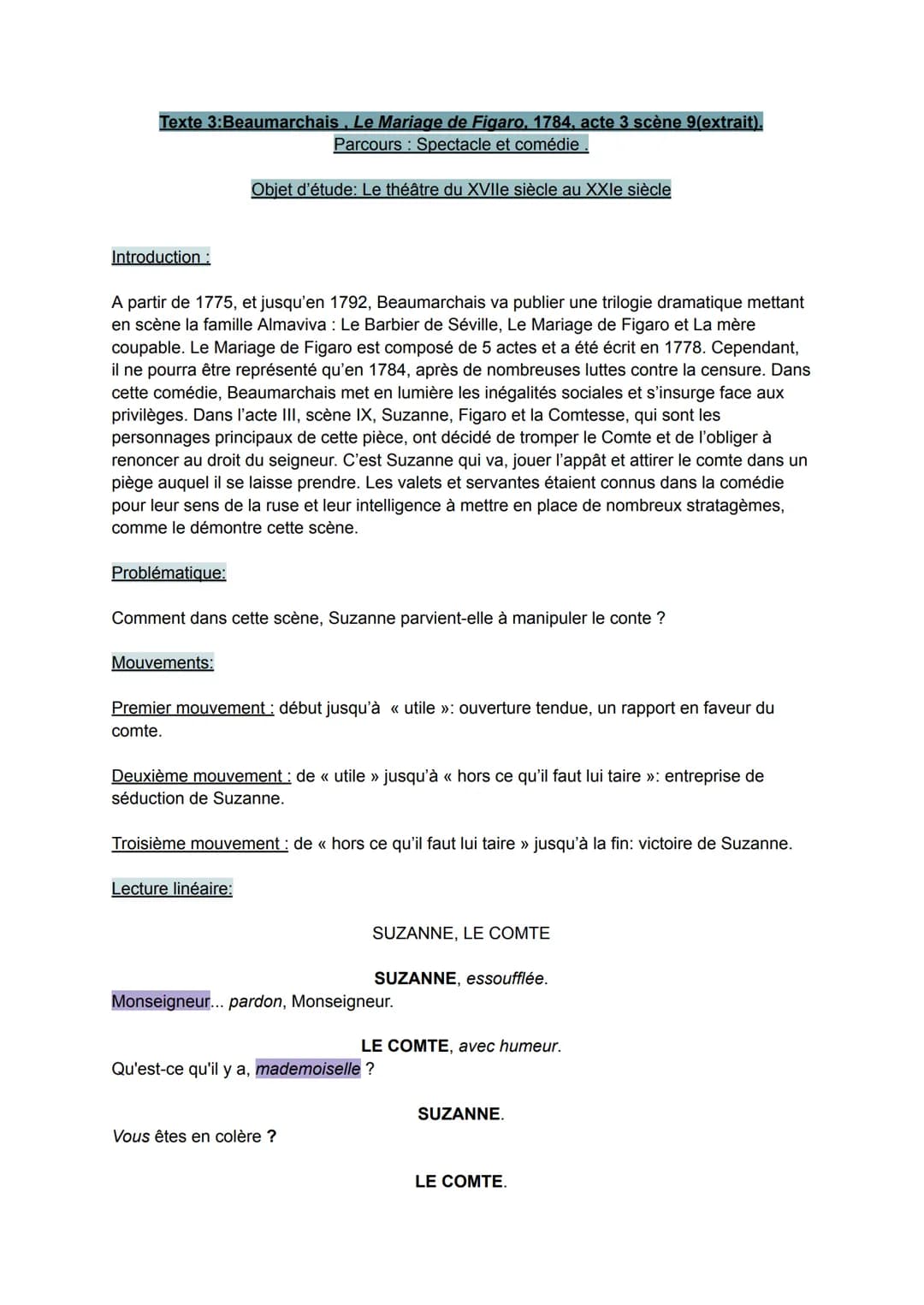 Texte 3:Beaumarchais, Le Mariage de Figaro, 1784, acte 3 scène 9(extrait).
Parcours Spectacle et comédie
Introduction :
A partir de 1775, et