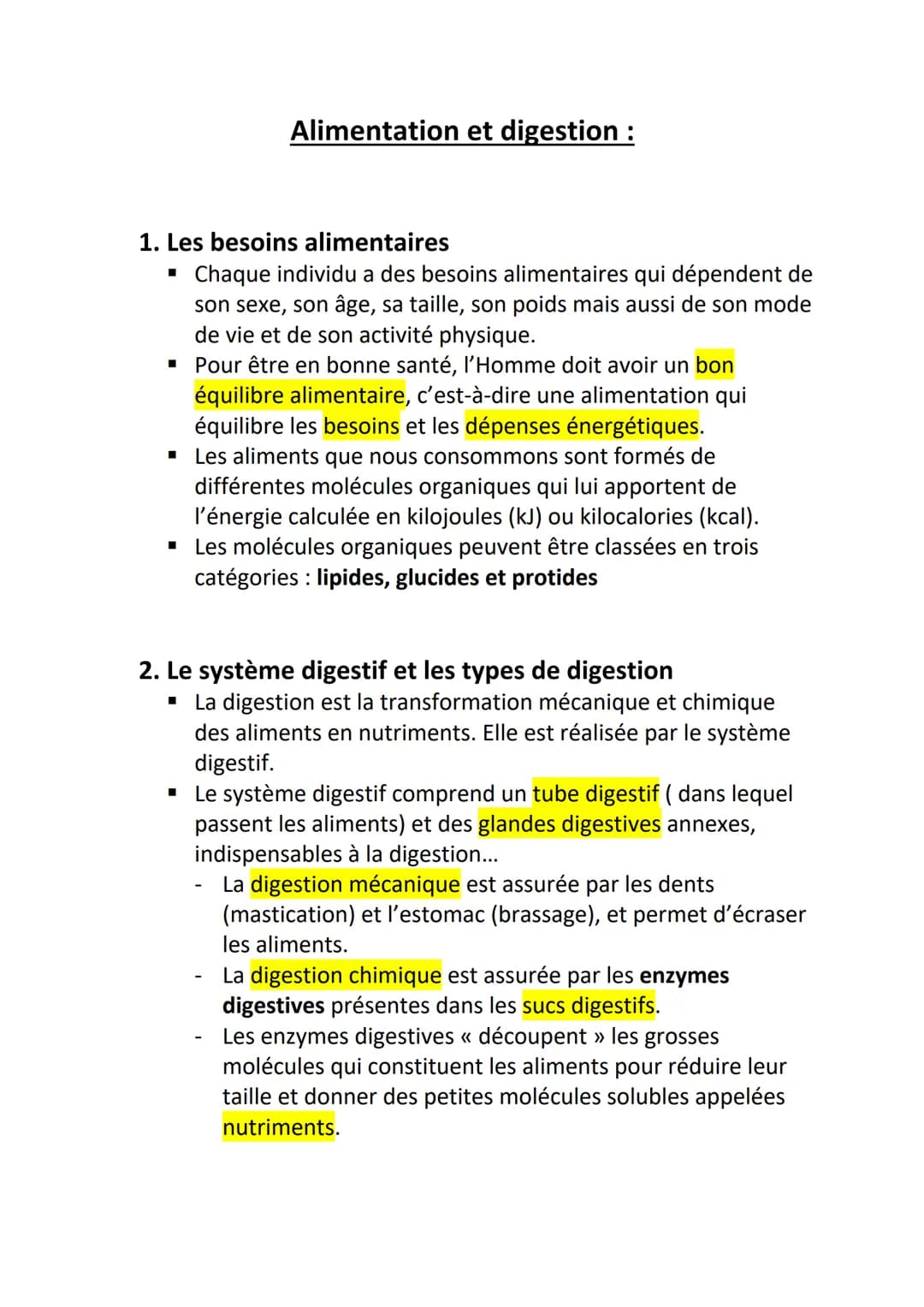 Alimentation et digestion :
1. Les besoins alimentaires
Chaque individu a des besoins alimentaires qui dépendent de
son sexe, son âge, sa ta
