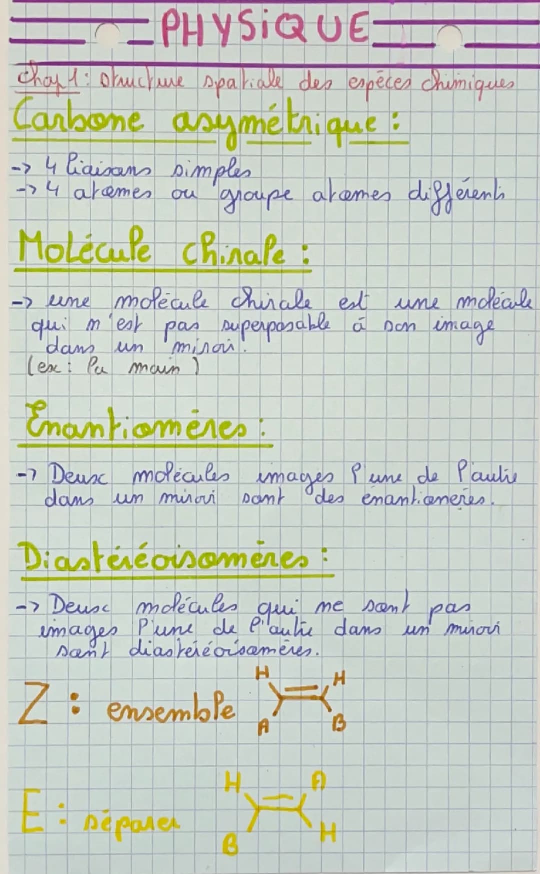 PHYSIQUE:
chay 1: structure spatiale des espèces chimiques
Carbone asymétrique :
-> 4 liaisons simples
->4 atemes on groupe akames different