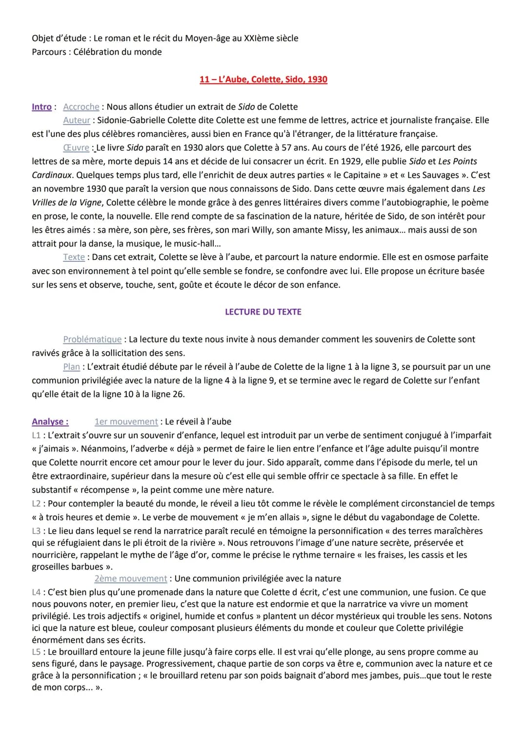 Analyse linéaire Sido Chapitre 1 - Colette, PDF et Résumés