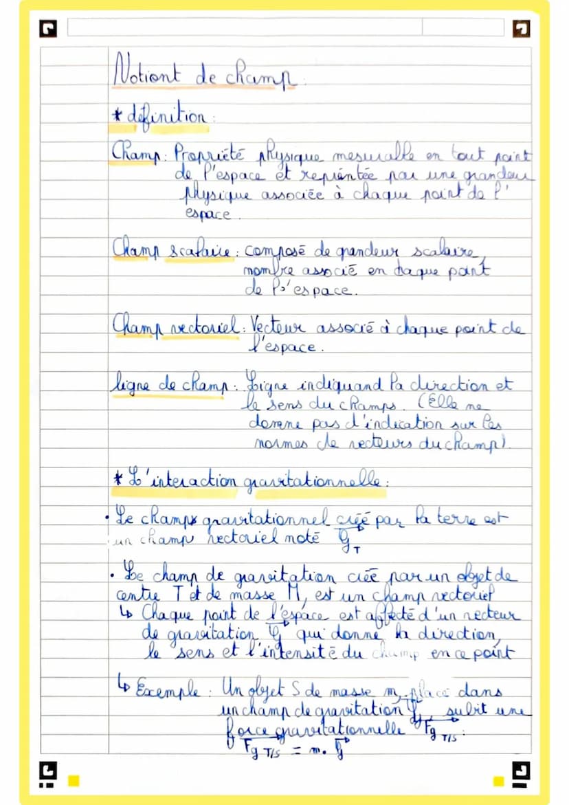 □ Fiche de révision physique - chimie
• Chapitre 7. Interactions fondammentales et
notion de champ
* Définition:
• système objet ou ensemble