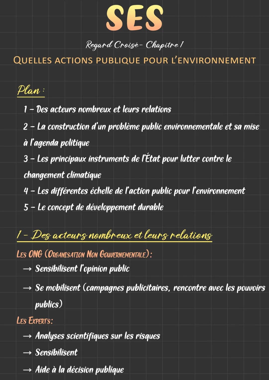 SES
Regard Croisé- Chapitre /
QUELLES ACTIONS PUBLIQUE POUR L'ENVIRONNEMENT
Plan:
1- Des acteurs nombreux et leurs relations
2 - La construc