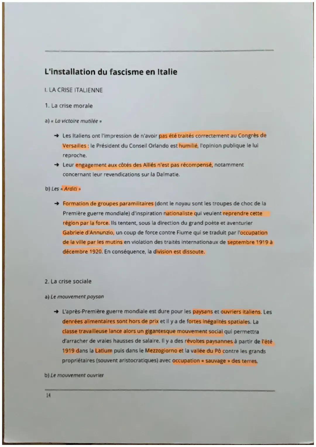 # L'installation du fascisme en Italie

I. LA CRISE ITALIENNE

1. La crise morale

a) La victoire mutilée

→ Les Italiens ont l'impression d