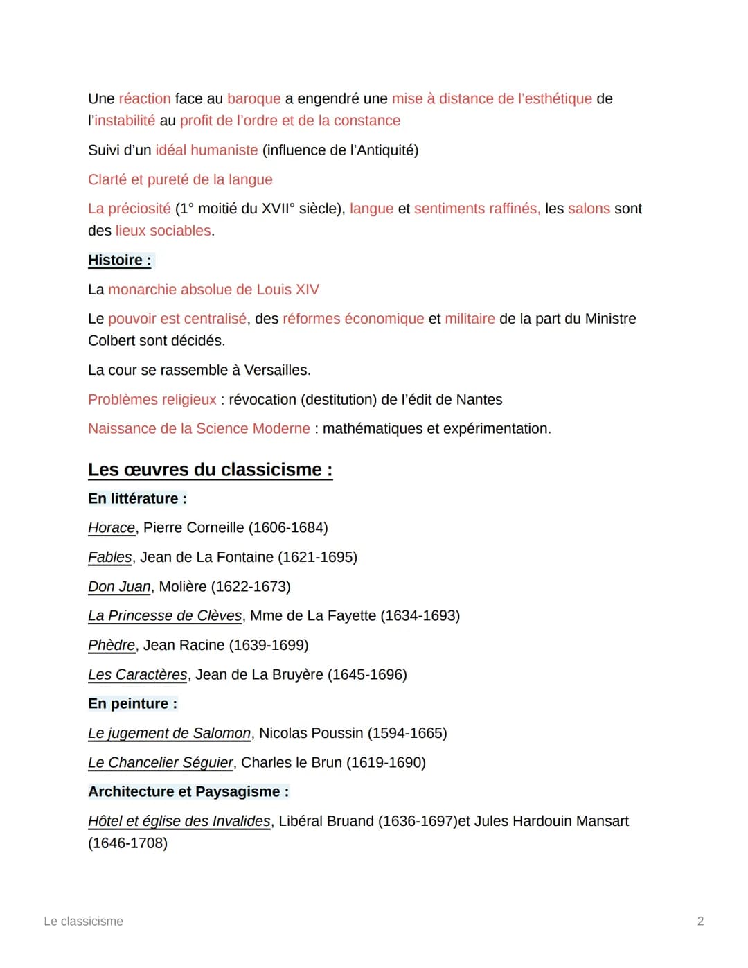 Le classicisme
Seconde moitié du XVII° siècle
Thèmes :
Le classicisme est un thème à modèle héroïque, à réflexion politique (tyrannie, flatt