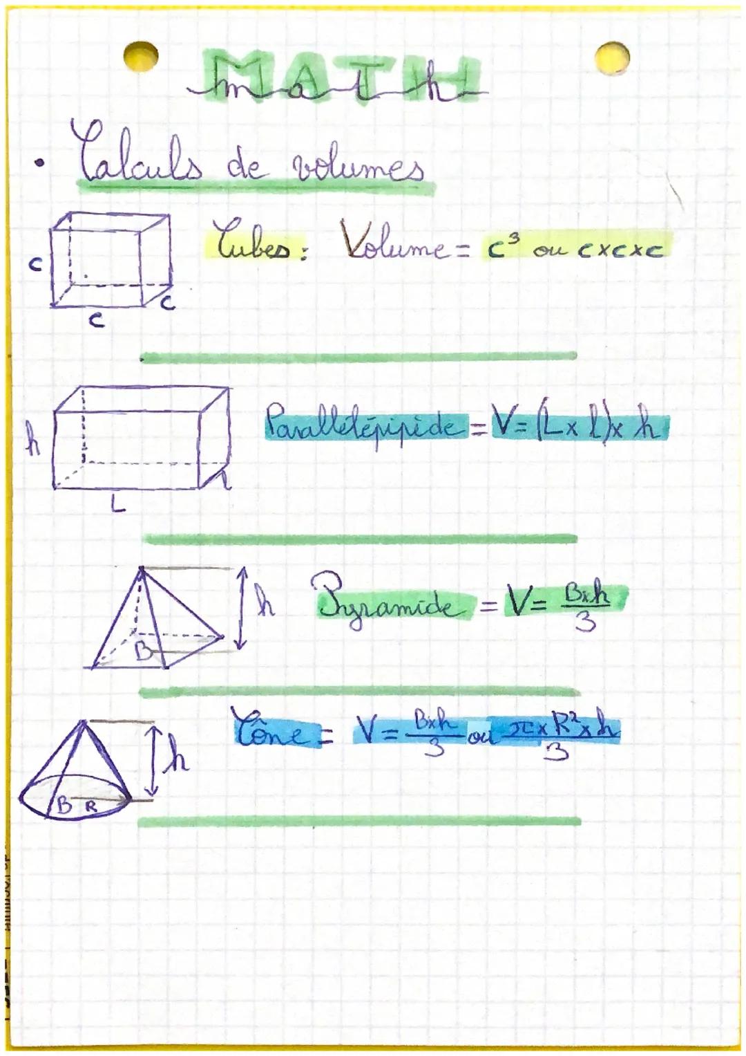 - math
- Calculs de volumes

C
Cubes: Volume = c³ ou cxexc
c

h
L
Parallelépipide = V= (Lx l)x h

h Syramide = V= $\frac{Bxh}{3}$

Th
BR
Con