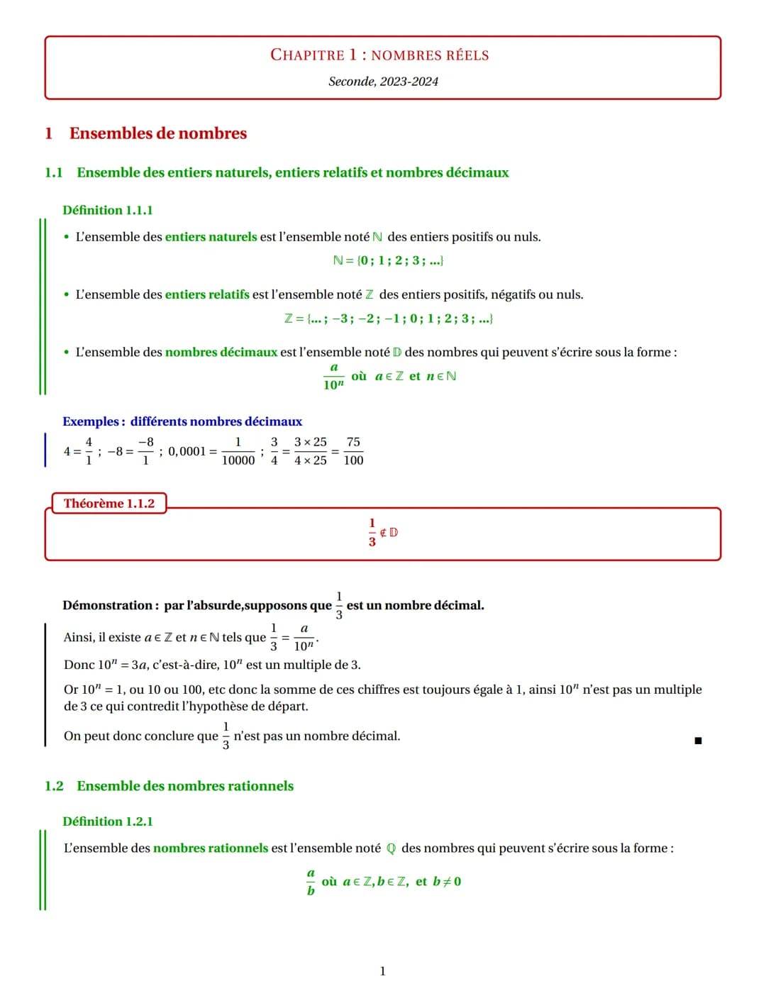 1 Ensembles de nombres
1.1 Ensemble des entiers naturels, entiers relatifs et nombres décimaux
Définition 1.1.1
L'ensemble des entiers natur