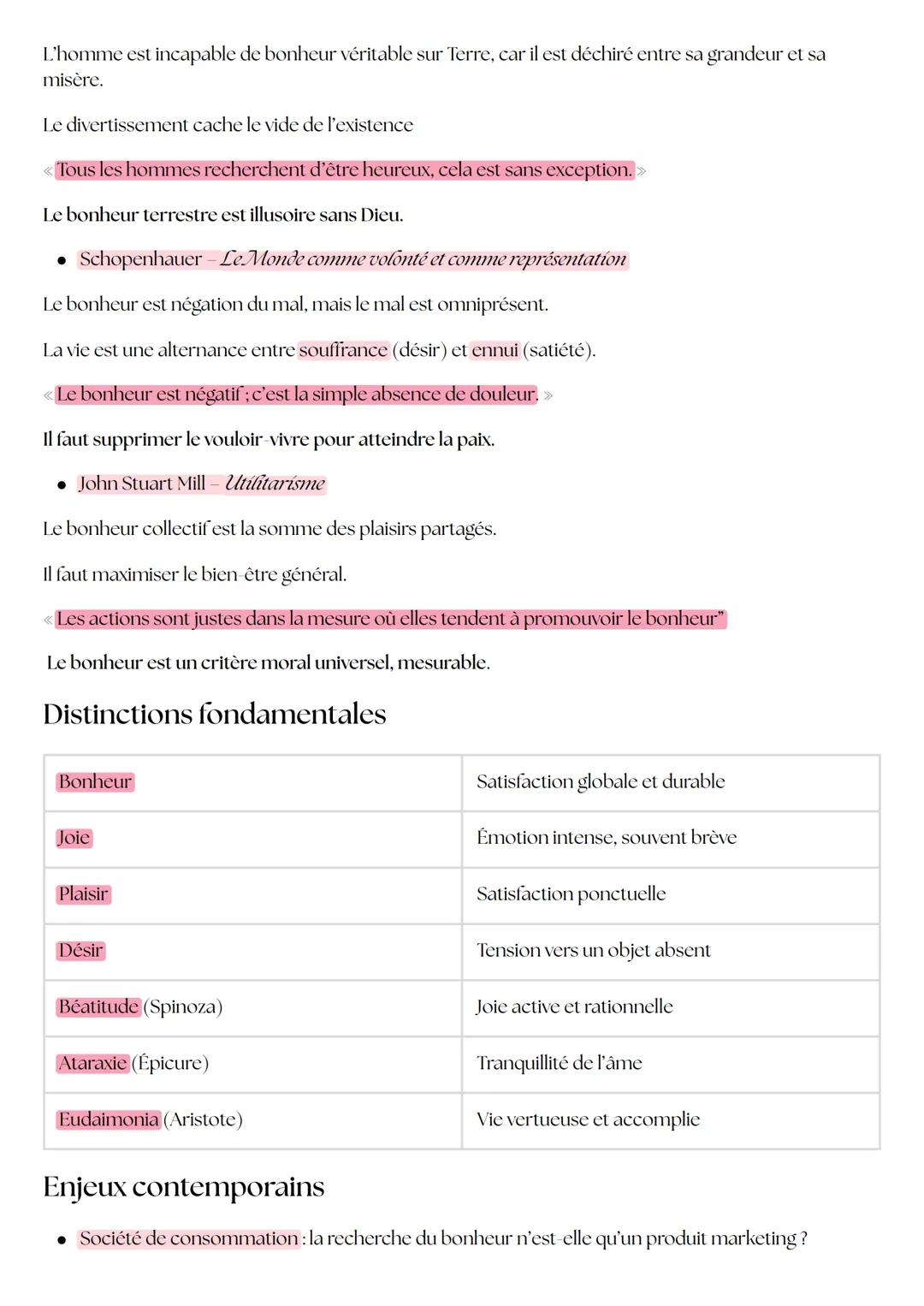Bonheur
Etat de satisfaction complète et durable. Il s'agit d'un accomplissement global de l'existence, où l'on
est en accord avec soi-même,