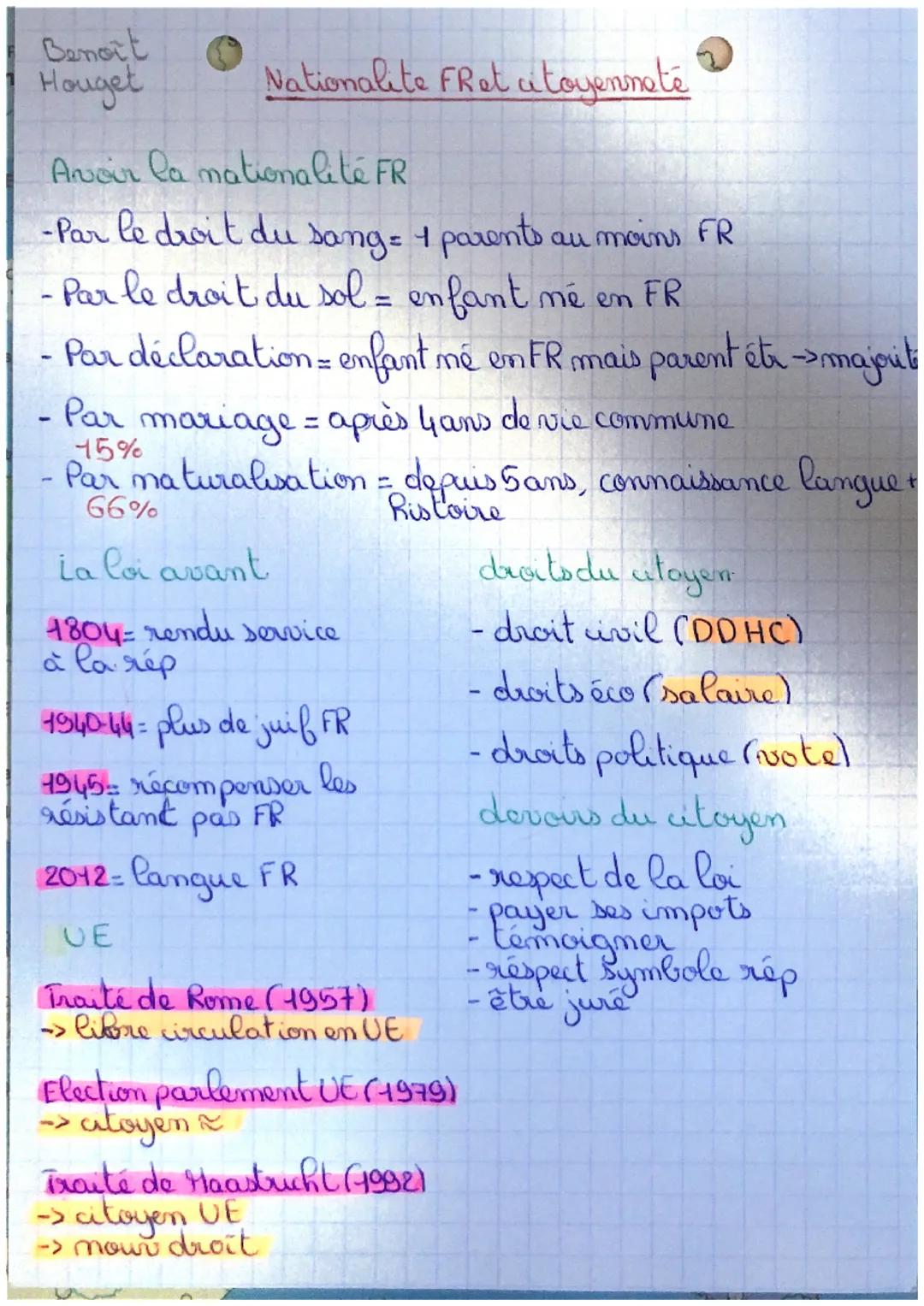 Benoit
Houget

Nationalite Fret citoyenneté

Avoir la nationalité FR

-Par le droit du sang = 1 parents au moins FR
-
Par le droit du sol = 