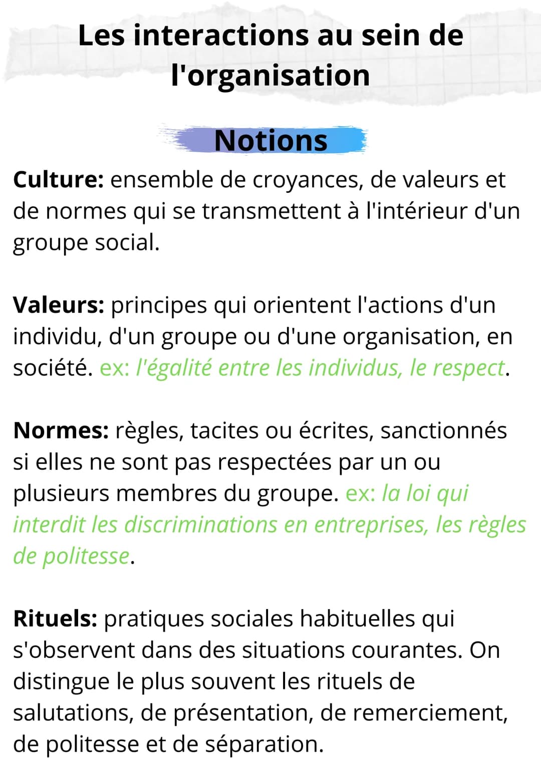 Sciences de Gestion et du
Numérique
Notions et Formules Les interactions au sein de
l'organisation
Notions
Culture: ensemble de croyances, d