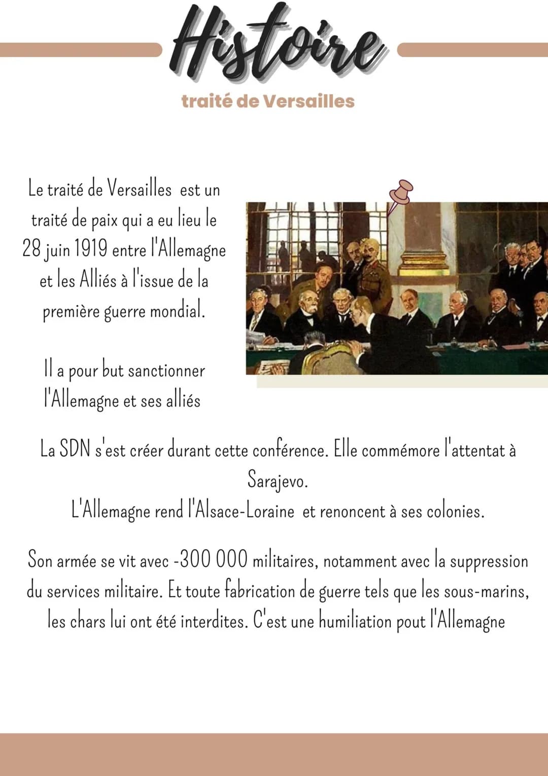 Histoire
traité de Versailles
Le traité de Versailles est un
traité de paix qui a eu lieu le
28 juin 1919 entre l'Allemagne
et les Alliés à 