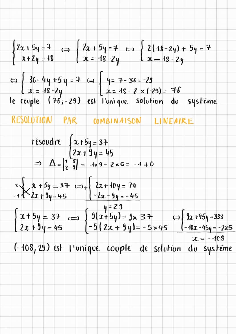 Résolution
de systèmes
DEFINITION
on appelle système lineaire de 2 équations à deux
inconnues x et y la donnée de 2 équations.
ax+by=c
[a²x 