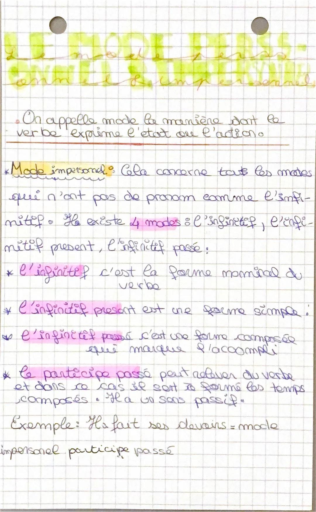 onnel dстрегaranel
• On appelle e mode la manière dont la
'exprime l'etat ore l'action.
ver be ex
*Mode impersonal Cola concerne tous les ma