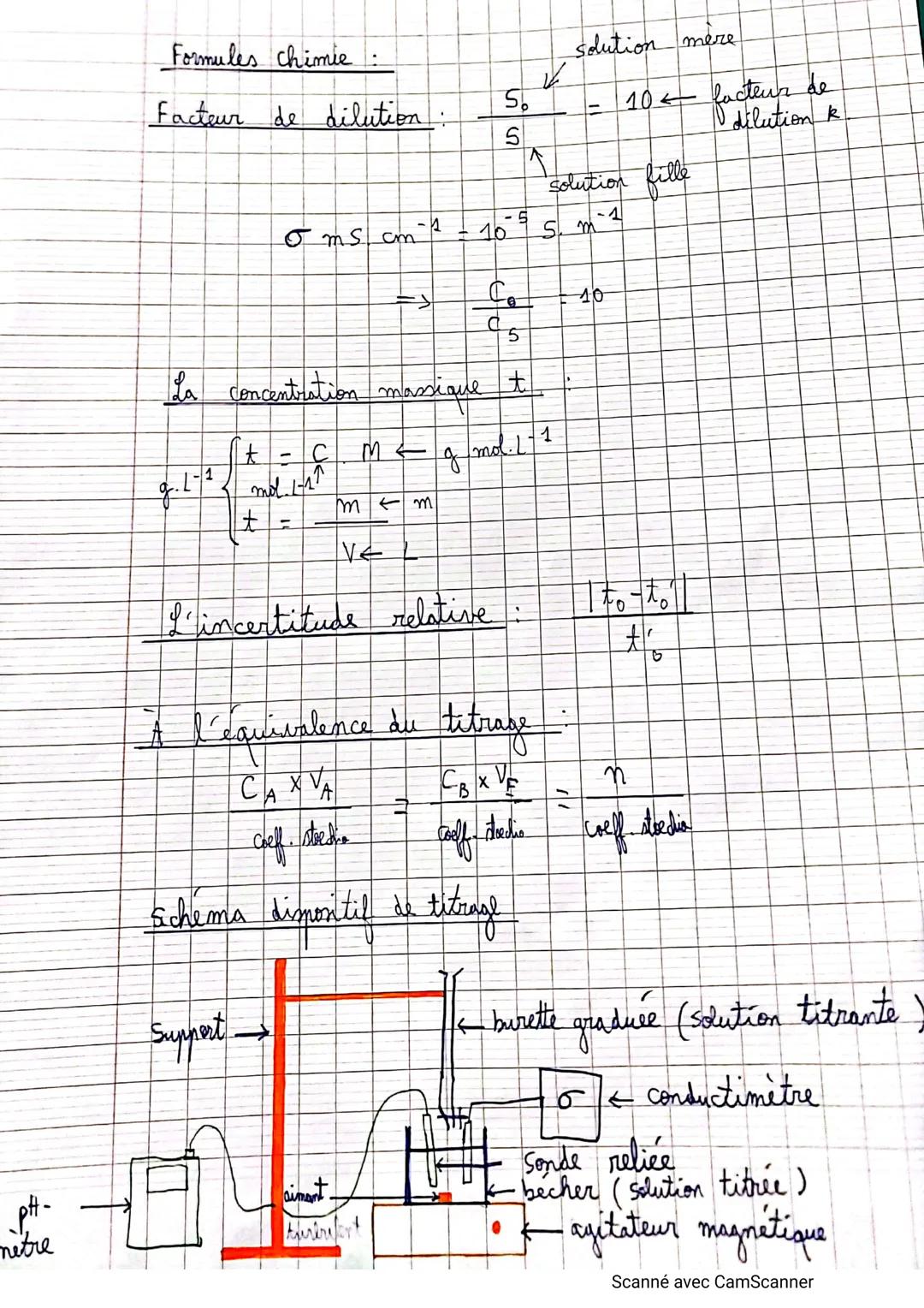 Formules chimie :
sdution mere
Facteur de dilution: $\frac{S_0}{S} = 10 \leftarrow$ facteur de
dilution k
solution fille
$\sigma$ ms cm$^{-1