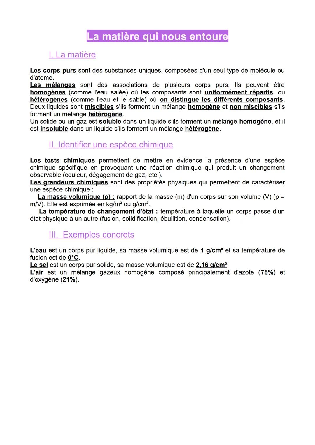 La matière qui nous entoure
I. La matière
Les corps purs sont des substances uniques, composées d'un seul type de molécule ou
d'atome.
Les m