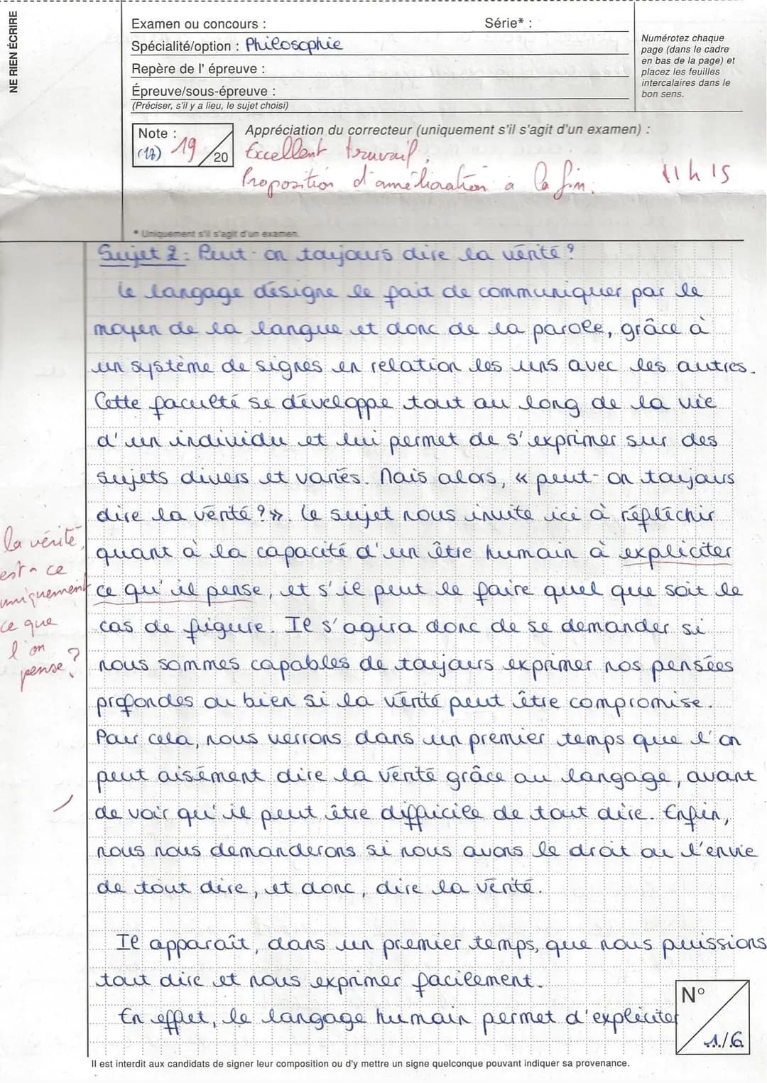 NE RIEN ÉCRIRE
Examen ou concours :
Spécialité/option : Philosophie
Repère de l'épreuve :
Épreuve/sous-épreuve :
(Préciser, s'il y a lieu, l