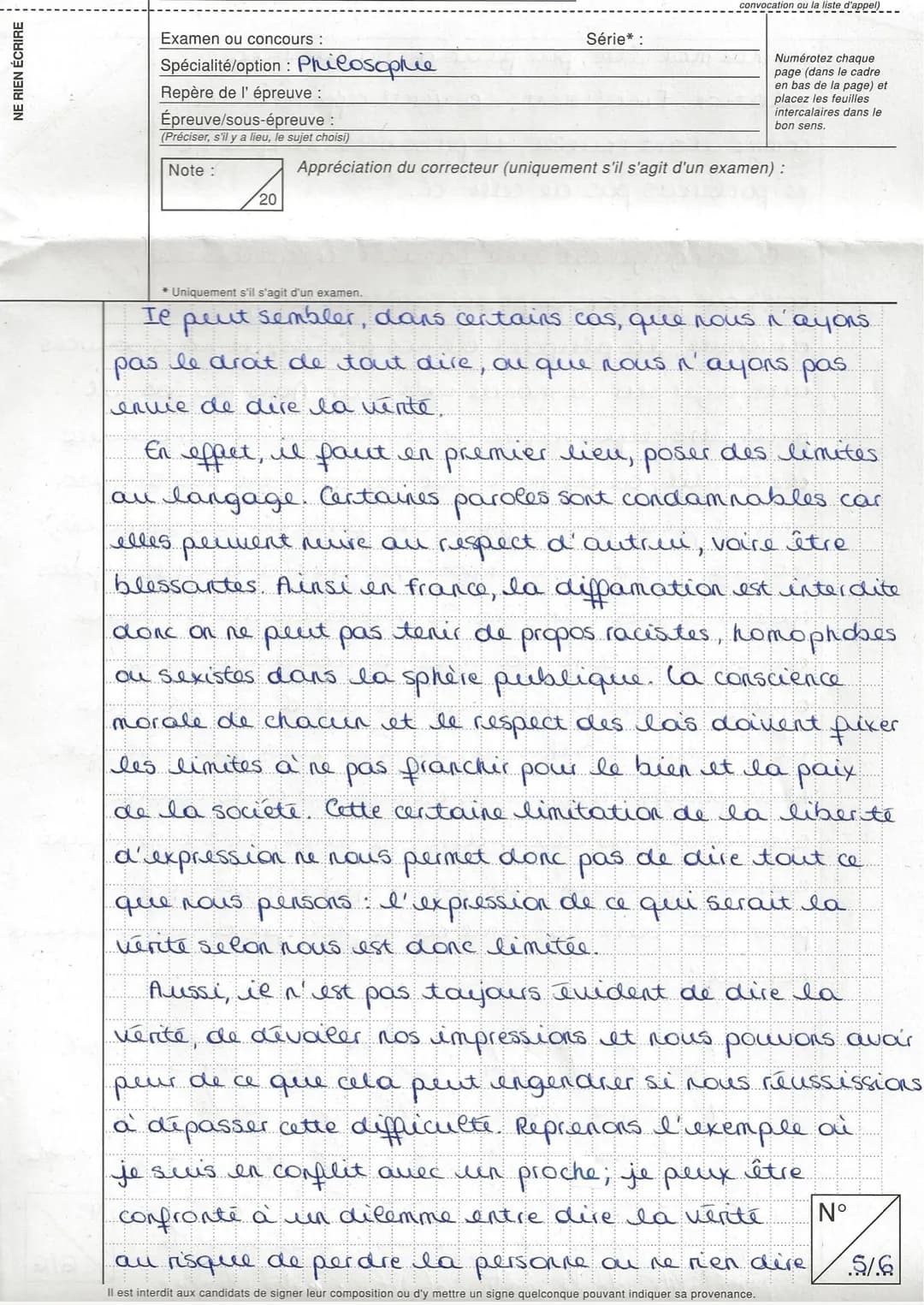 NE RIEN ÉCRIRE
Examen ou concours :
Spécialité/option : Philosophie
Repère de l'épreuve :
Épreuve/sous-épreuve :
(Préciser, s'il y a lieu, l
