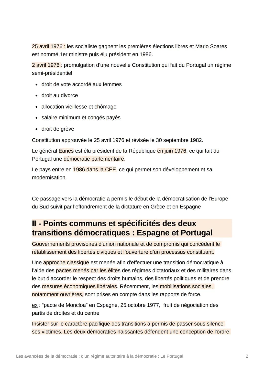 Les avancées de la démocratie :
d'un régime autoritaire à la
démocratie: Le Portugal
I - Une transition démocratique pacifique et durable
et
