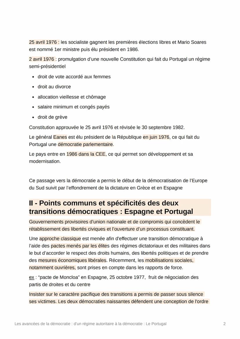 Les avancées de la démocratie :
d'un régime autoritaire à la
démocratie: Le Portugal
I - Une transition démocratique pacifique et durable
et