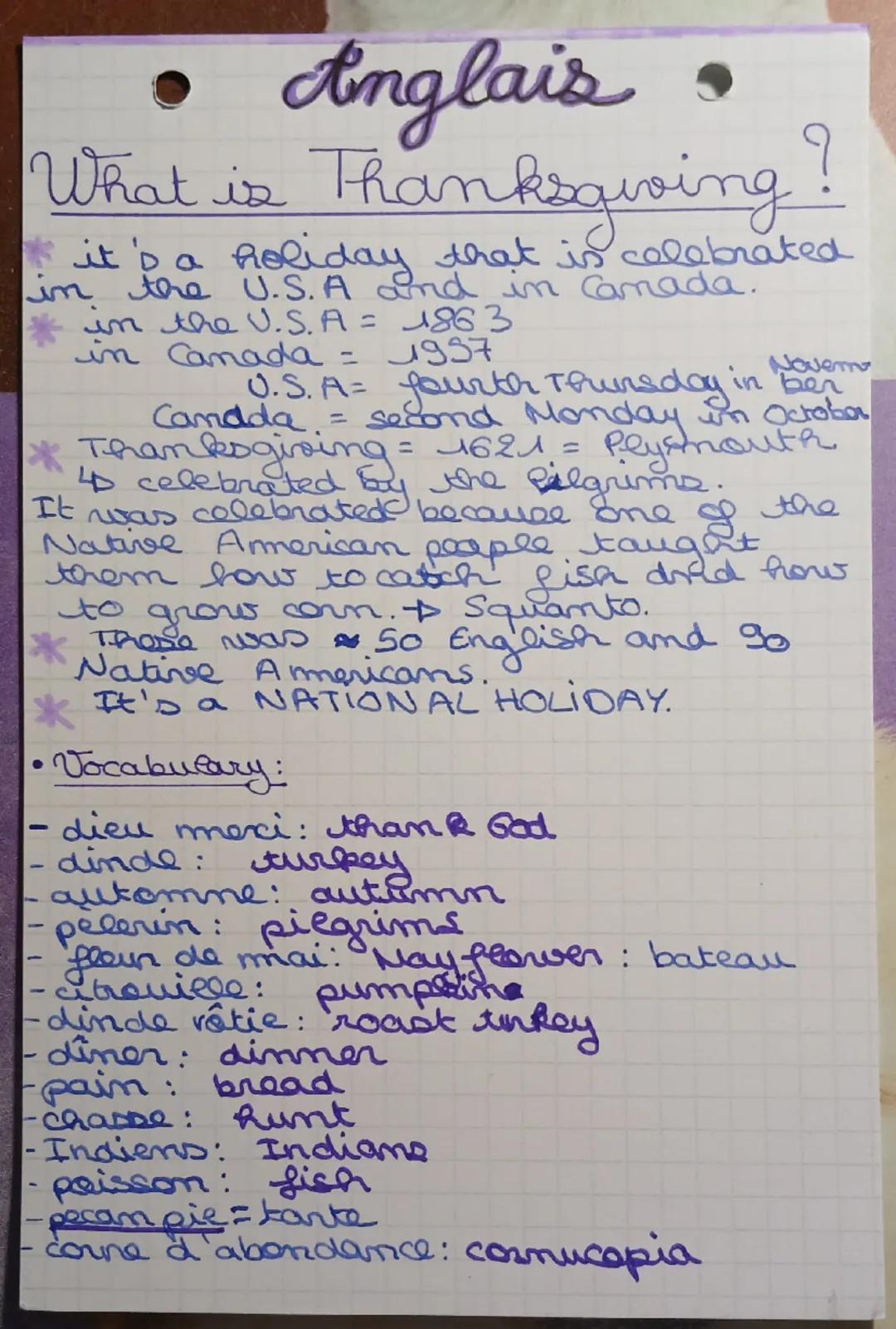 # Anglais.

What is Thanksgiving?

*   it's a holiday that is celebrated
in the U.S.A and in Canada.
*   in the U.S.A = 1863
*   in Canada =