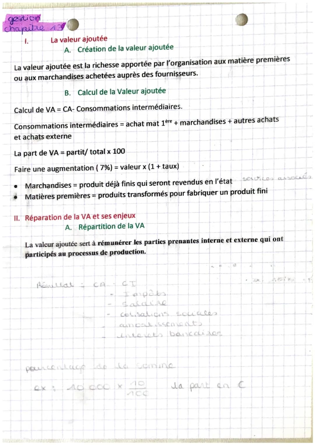 gestion
chapitre
1.
La valeur ajoutée
A. Création de la valeur ajoutée
La valeur ajoutée est la richesse apportée par l'organisation aux mat